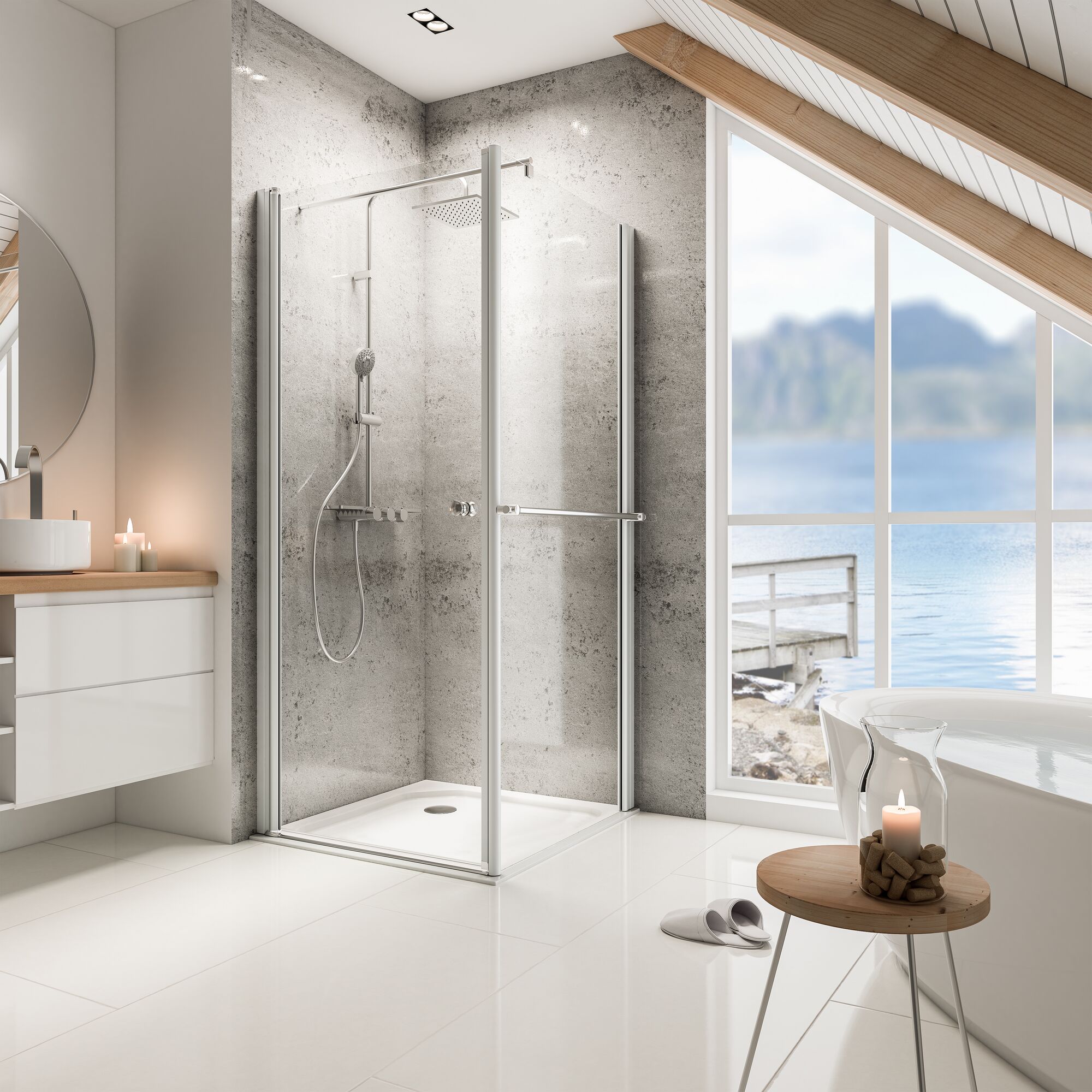 Moderne Duschkabine mit Regendusche in einem hellen Badezimmer.