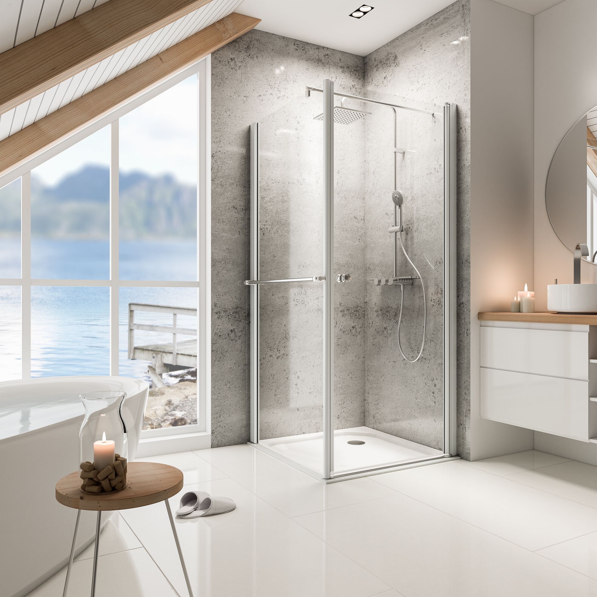 Badezimmer mit Dusche, Badewanne und Meerblick