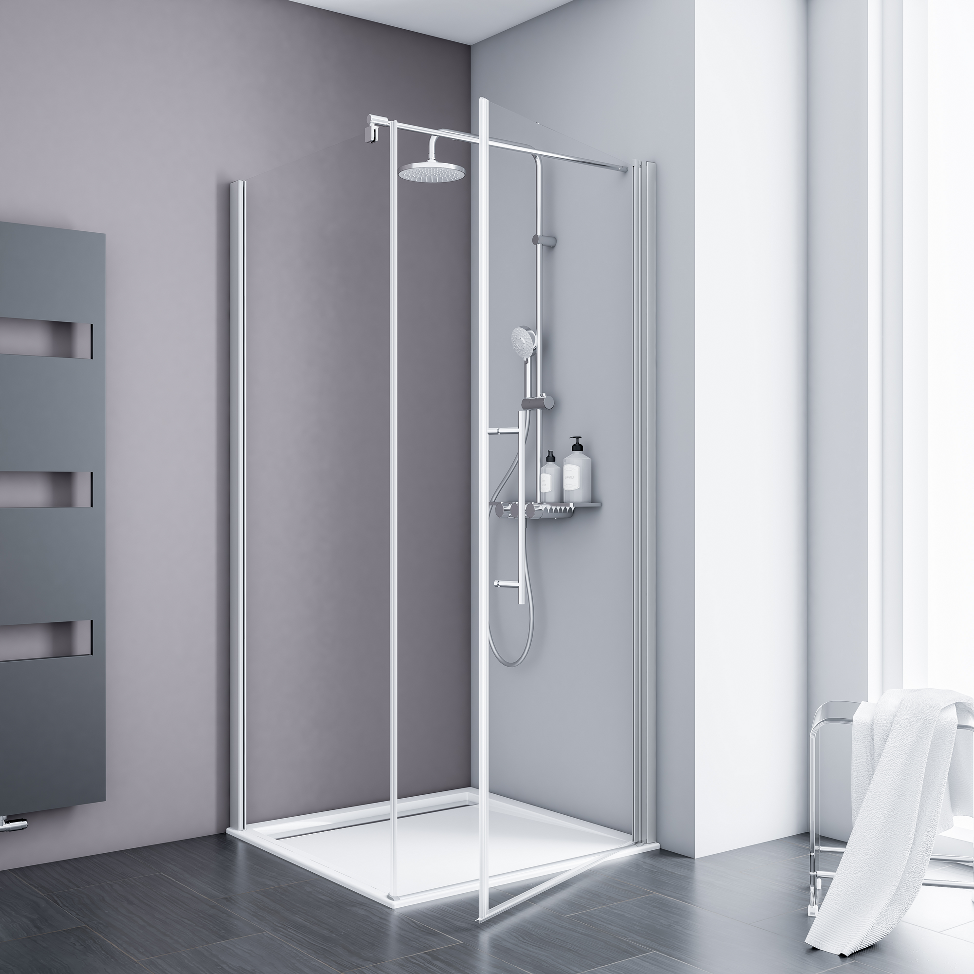 Schulte Eckdusche mit Drehtür ExpressPlus - Alexa Style 2.0 inkl. Seitenwand und Duschwanne flach 80 x 80 x 192 cm, mit Stabgriff