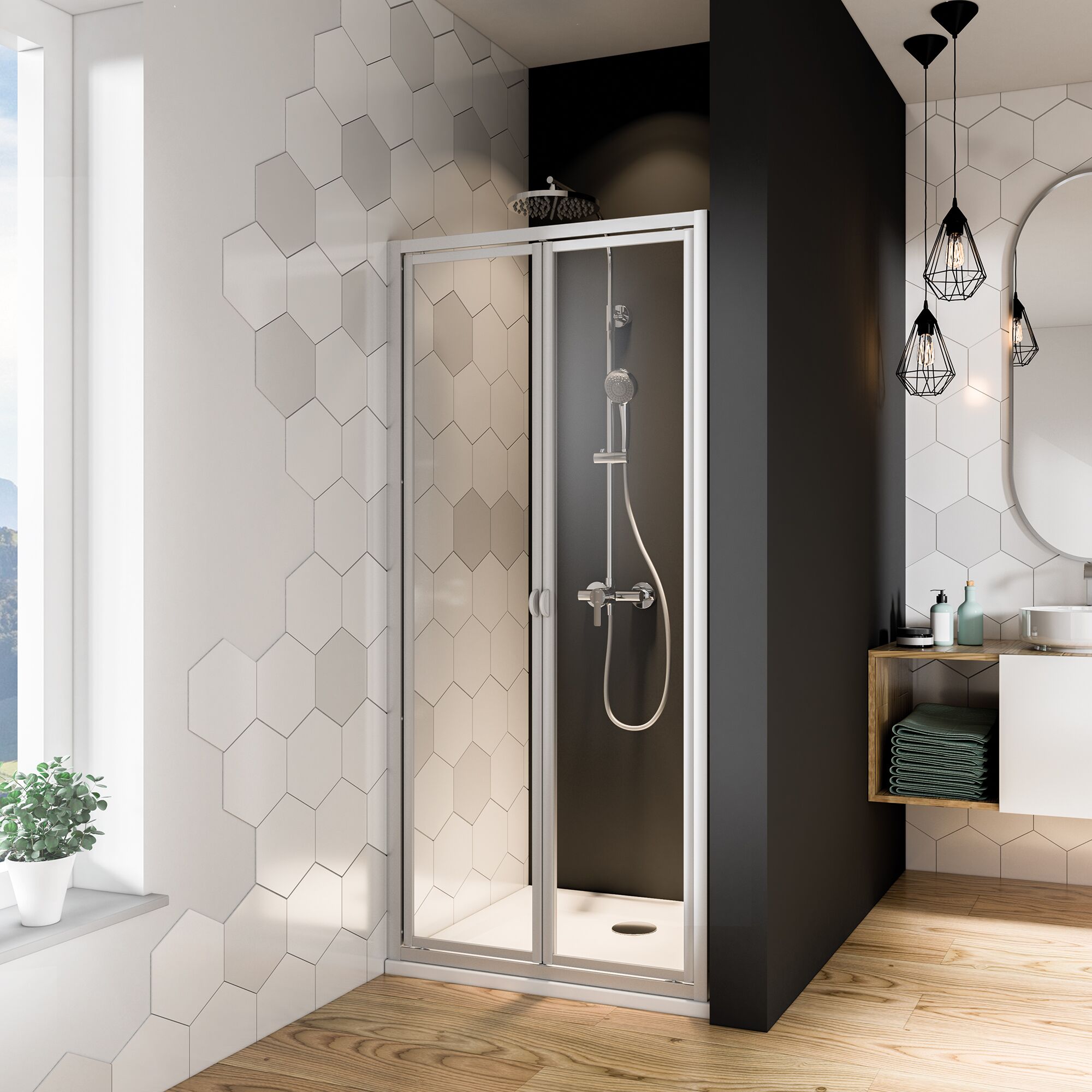 Duschkabine mit Falttüren in modernem Badezimmer