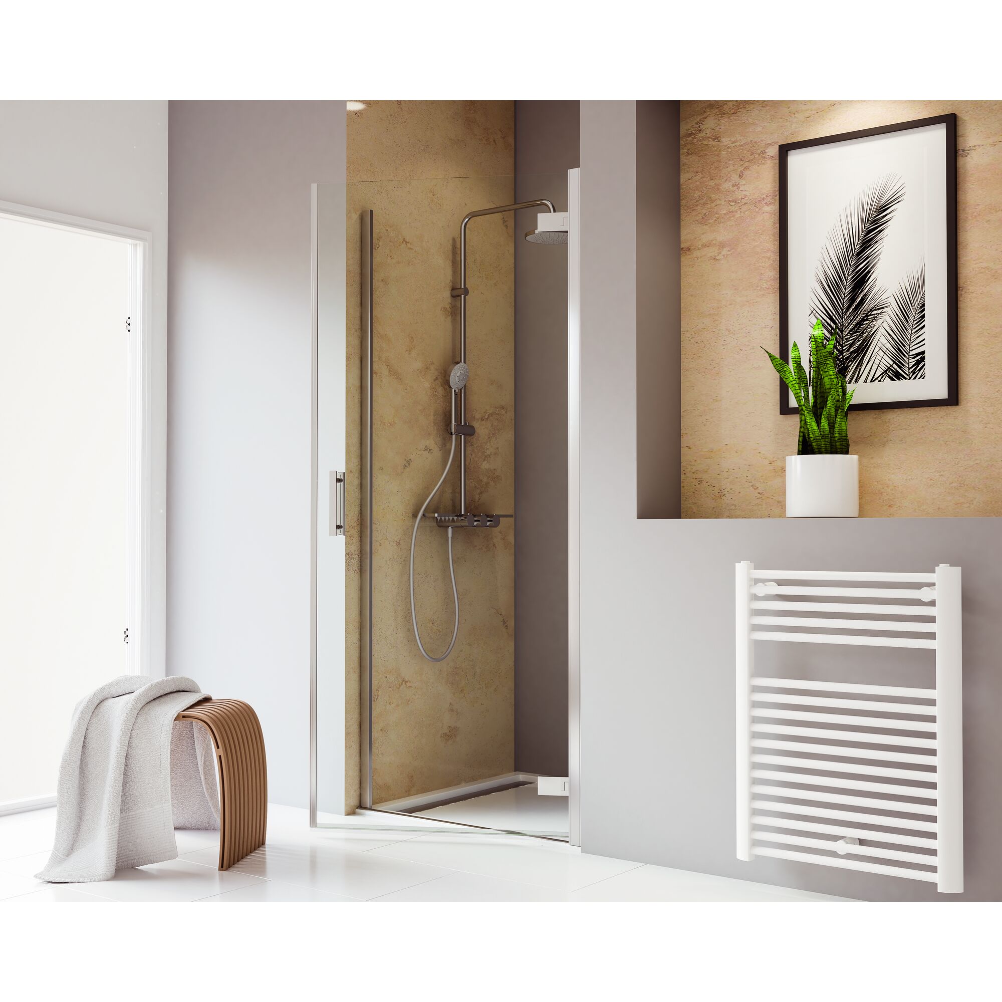 Duschkabine mit braunen Fliesen und Handtuchhalter