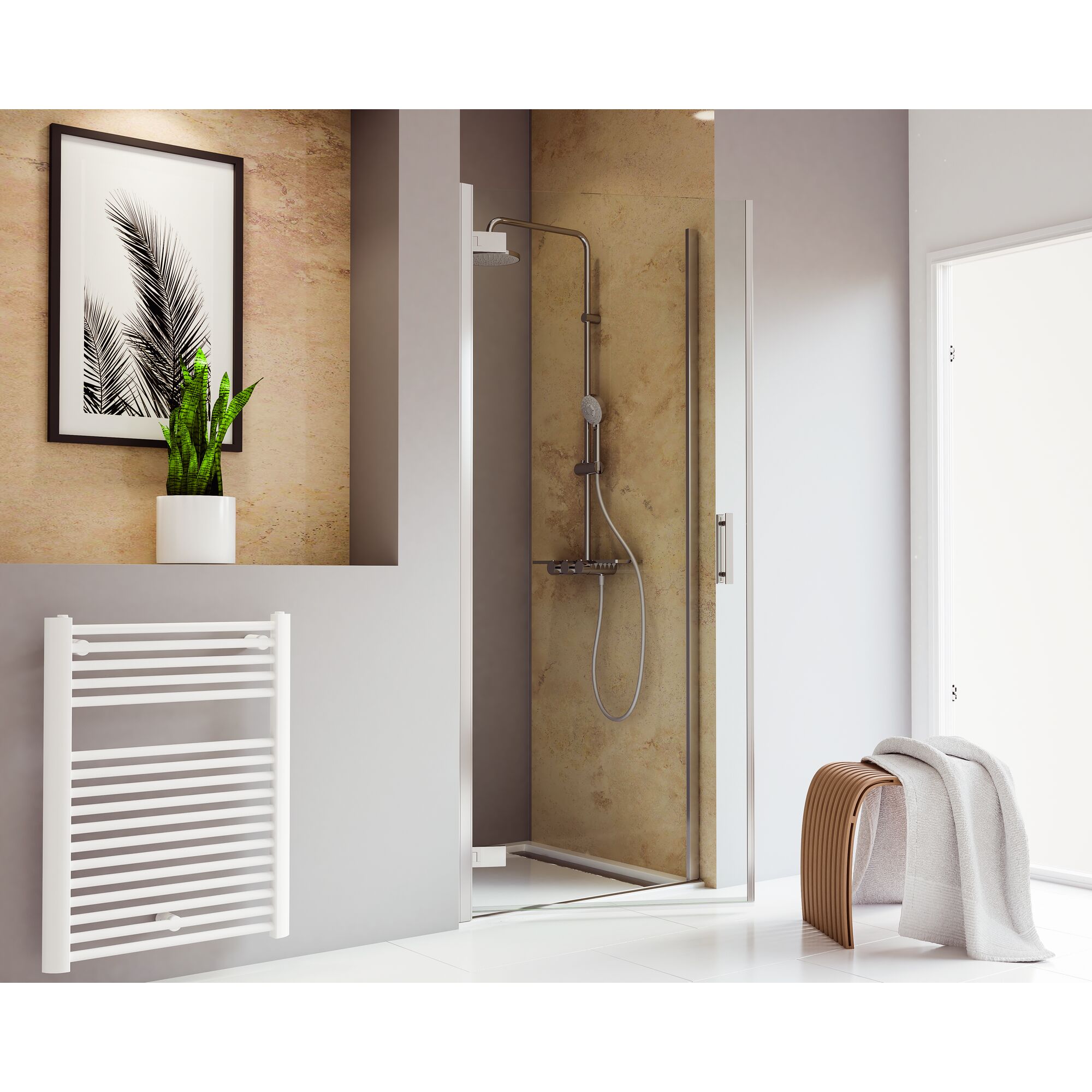 Duschkabine mit offener Drehtür in modernem Badezimmer