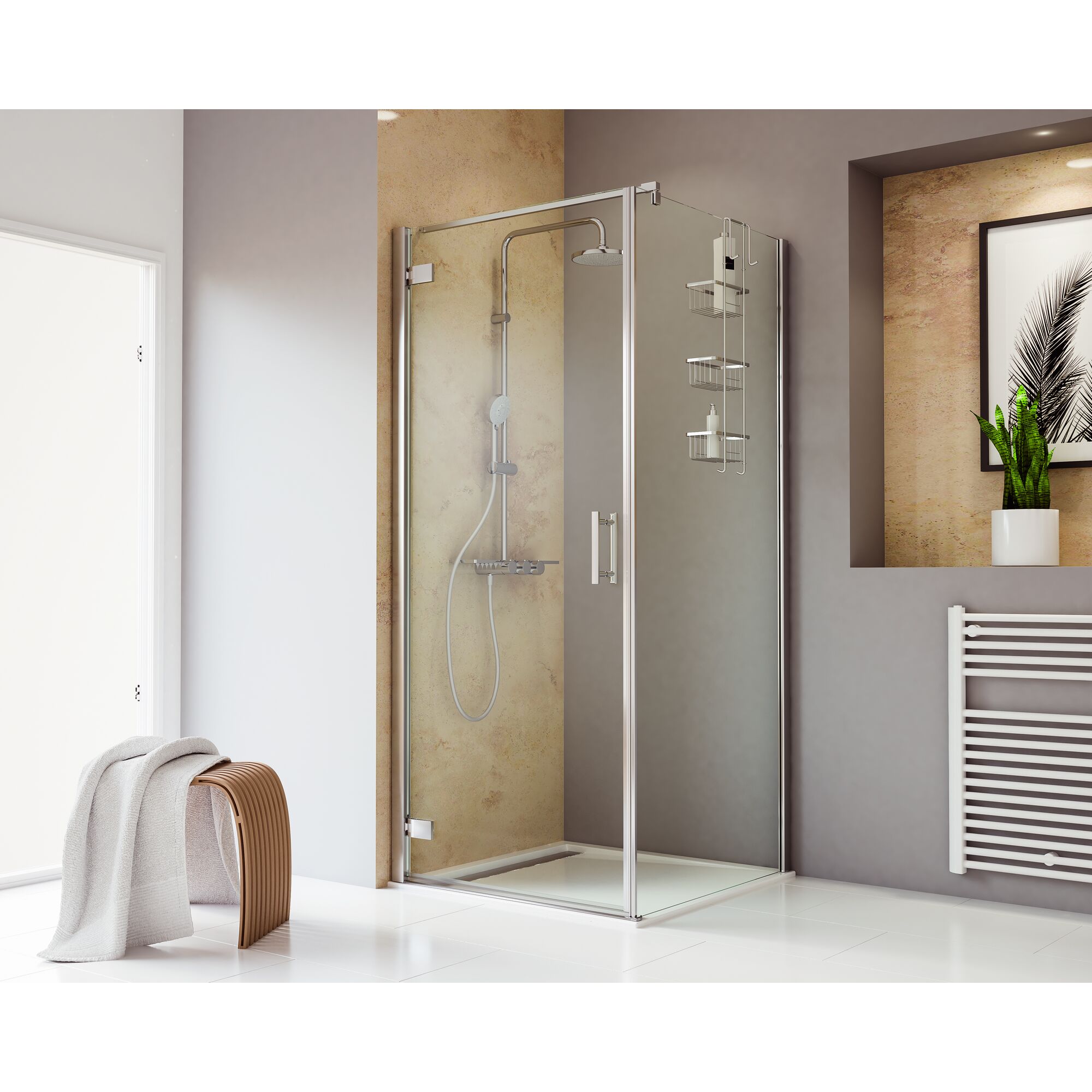 Duschkabine mit Duscharmatur und Ablagekorb