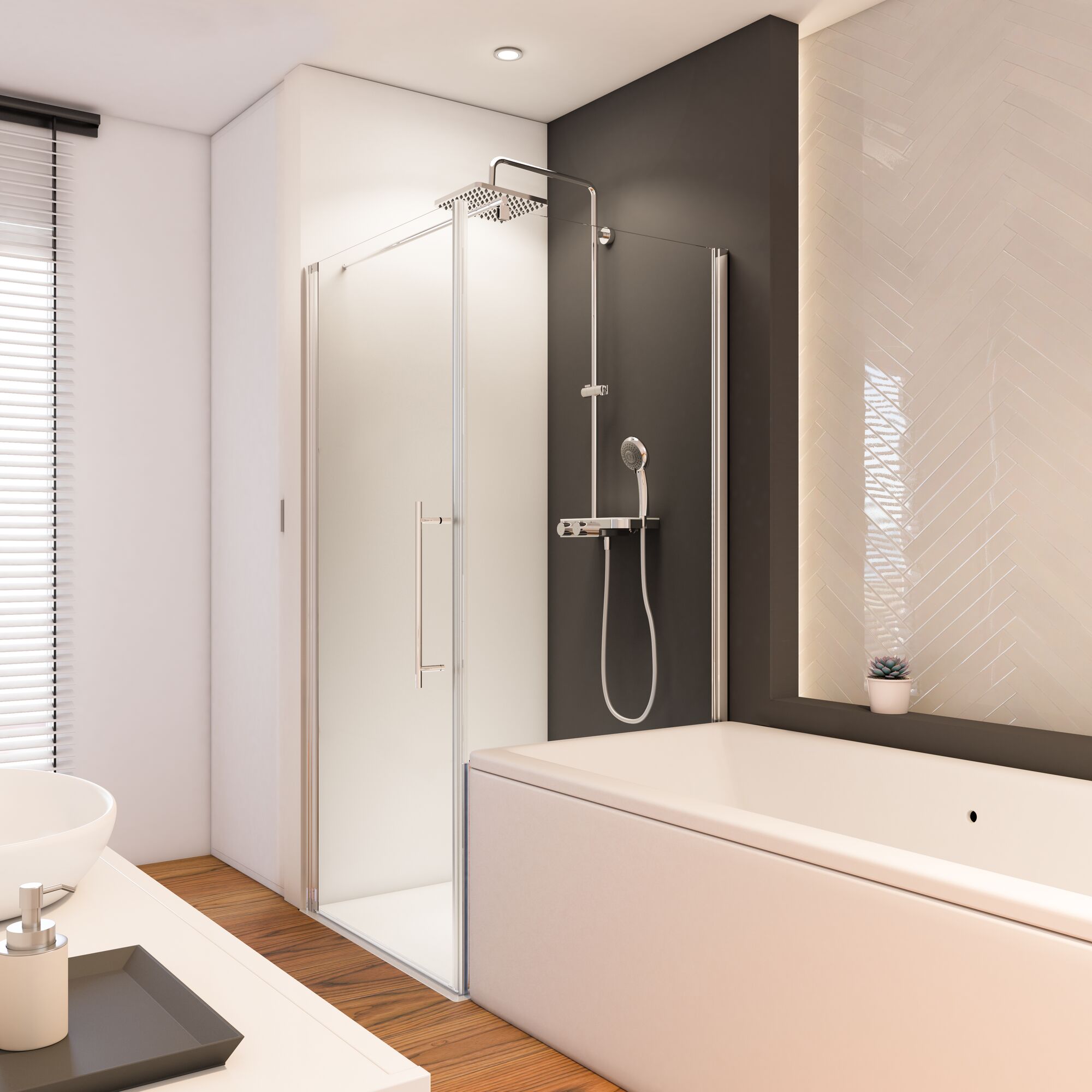 Modernes Badezimmer mit Badewanne und Duschkabine.