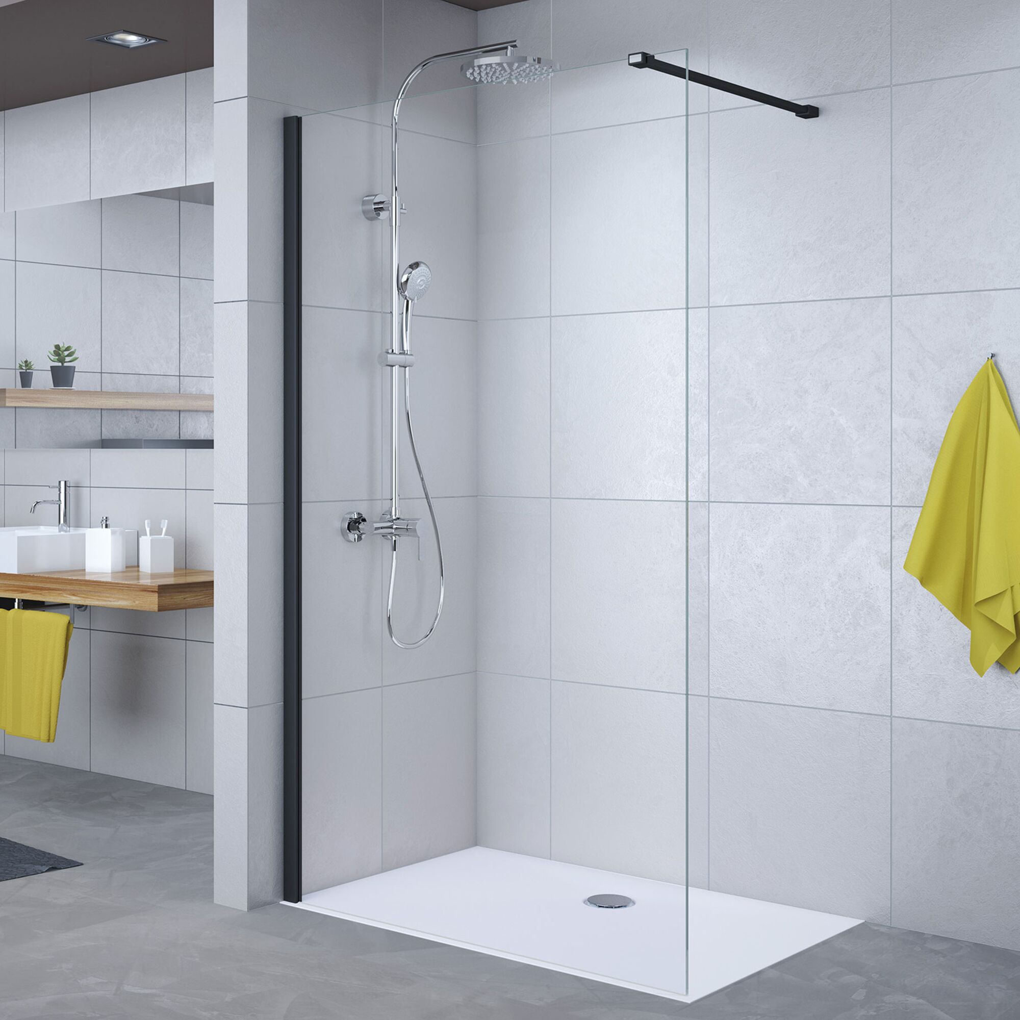 Duschkabine mit schwarzem Rahmen und Regendusche