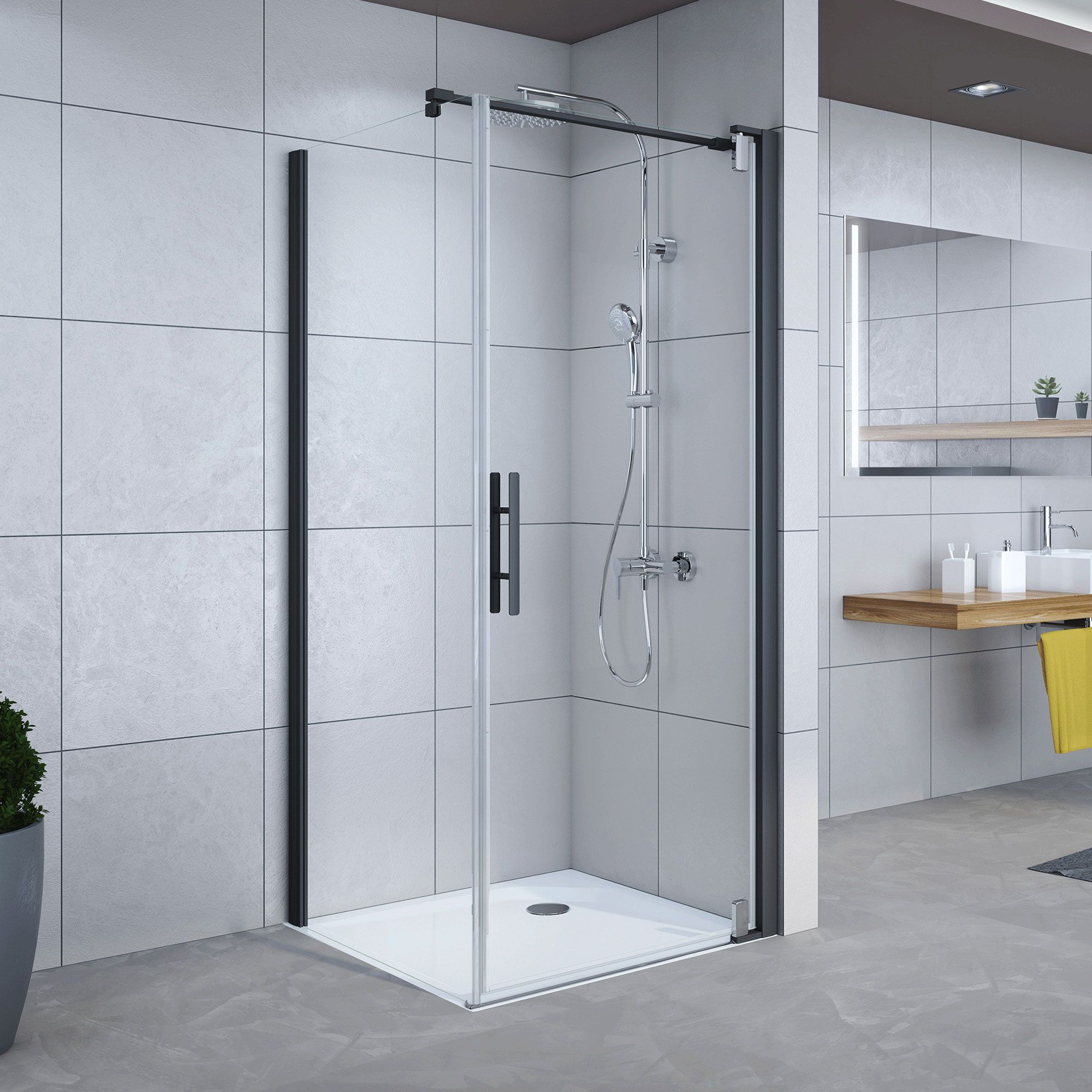 Duschkabine mit schwarzem Rahmen und Duscharmatur