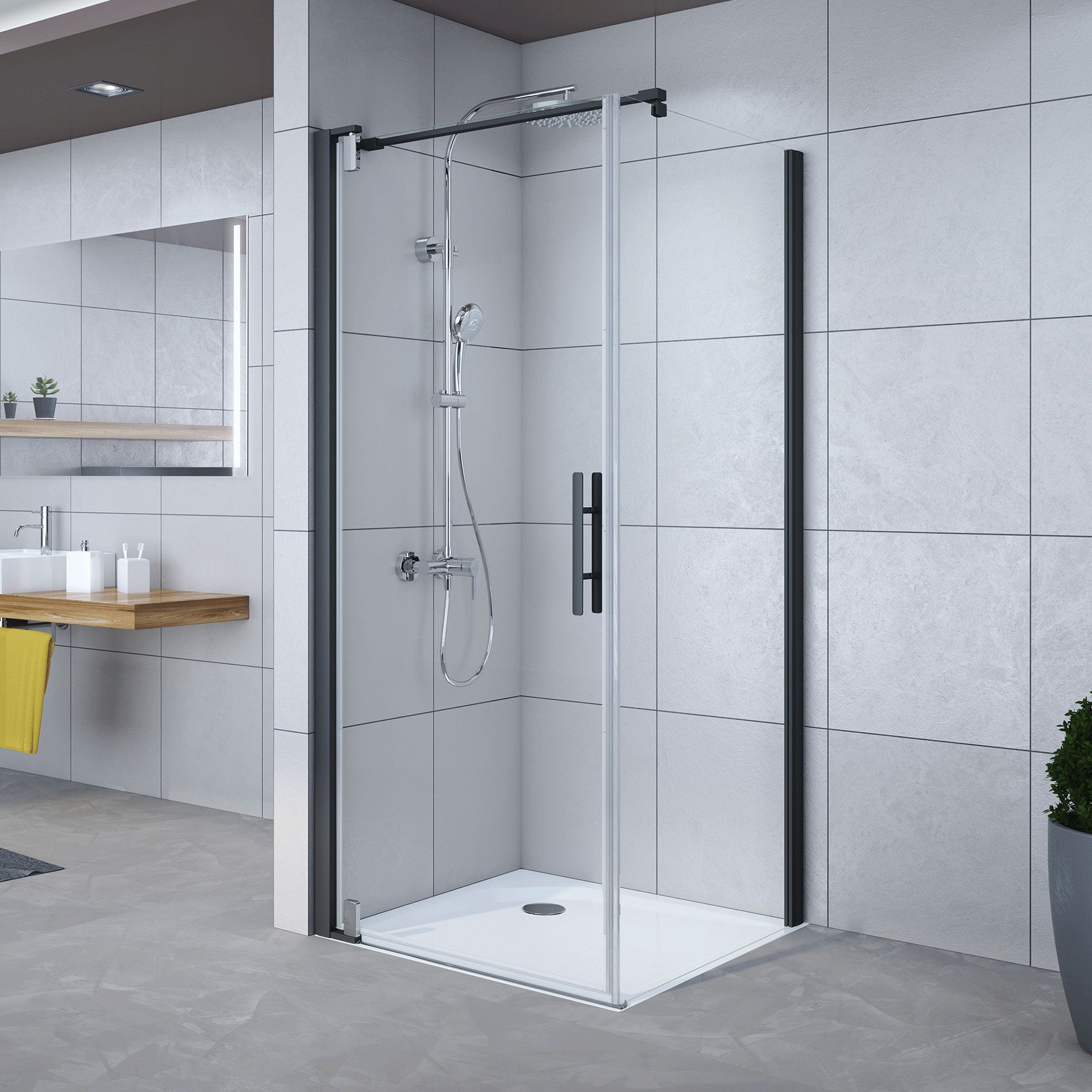 Duschkabine mit schwarzem Rahmen und Regendusche