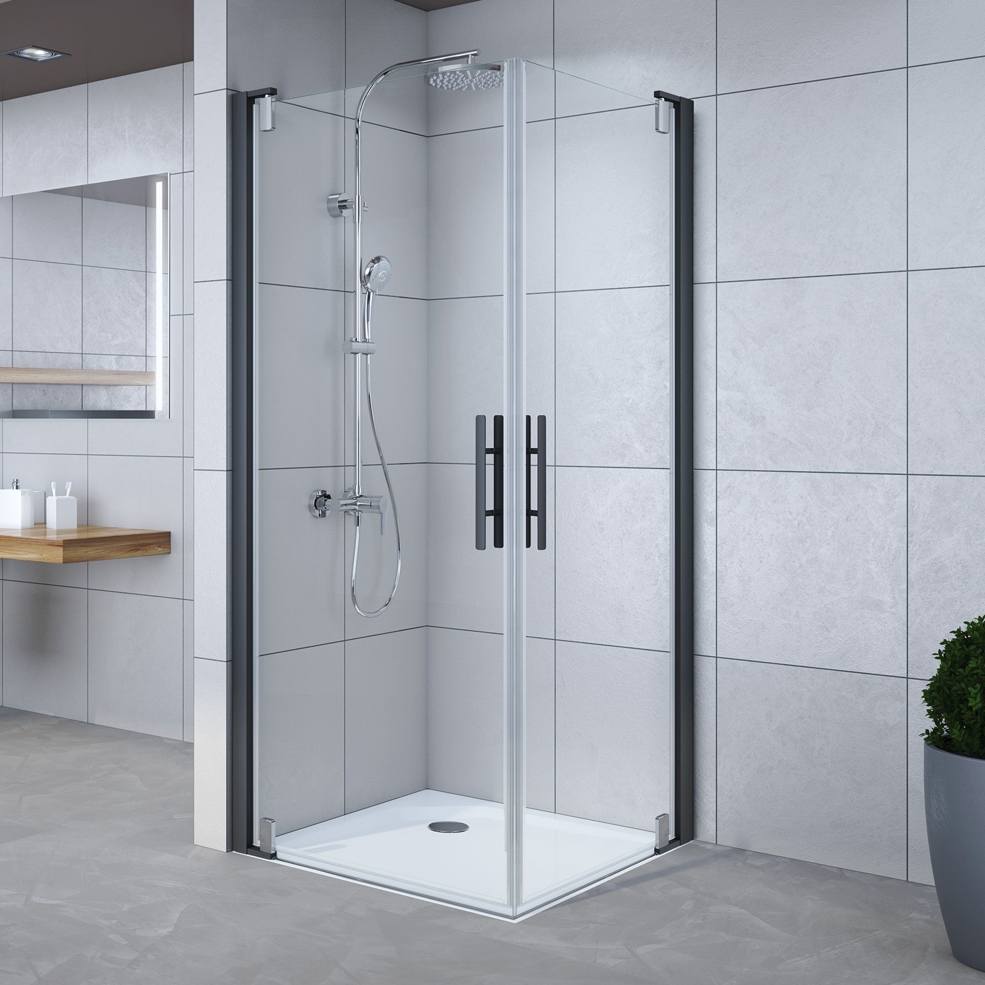 Eckdusche mit schwarzem Rahmen und silbernen Armaturen