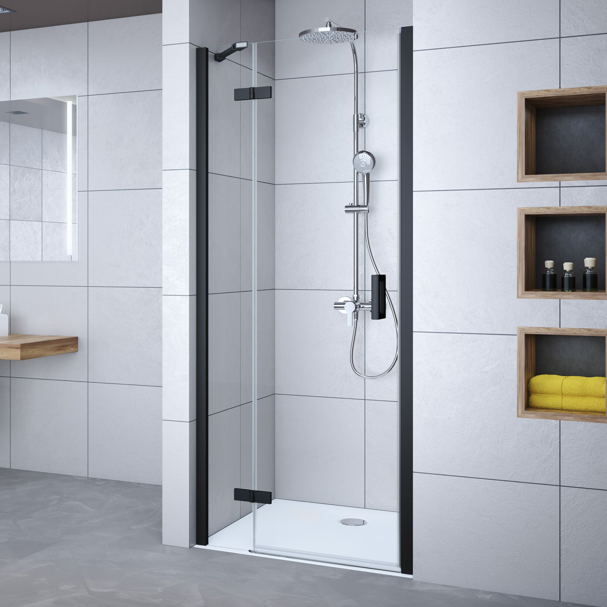 Duschkabine mit schwarzem Rahmen und Regalen