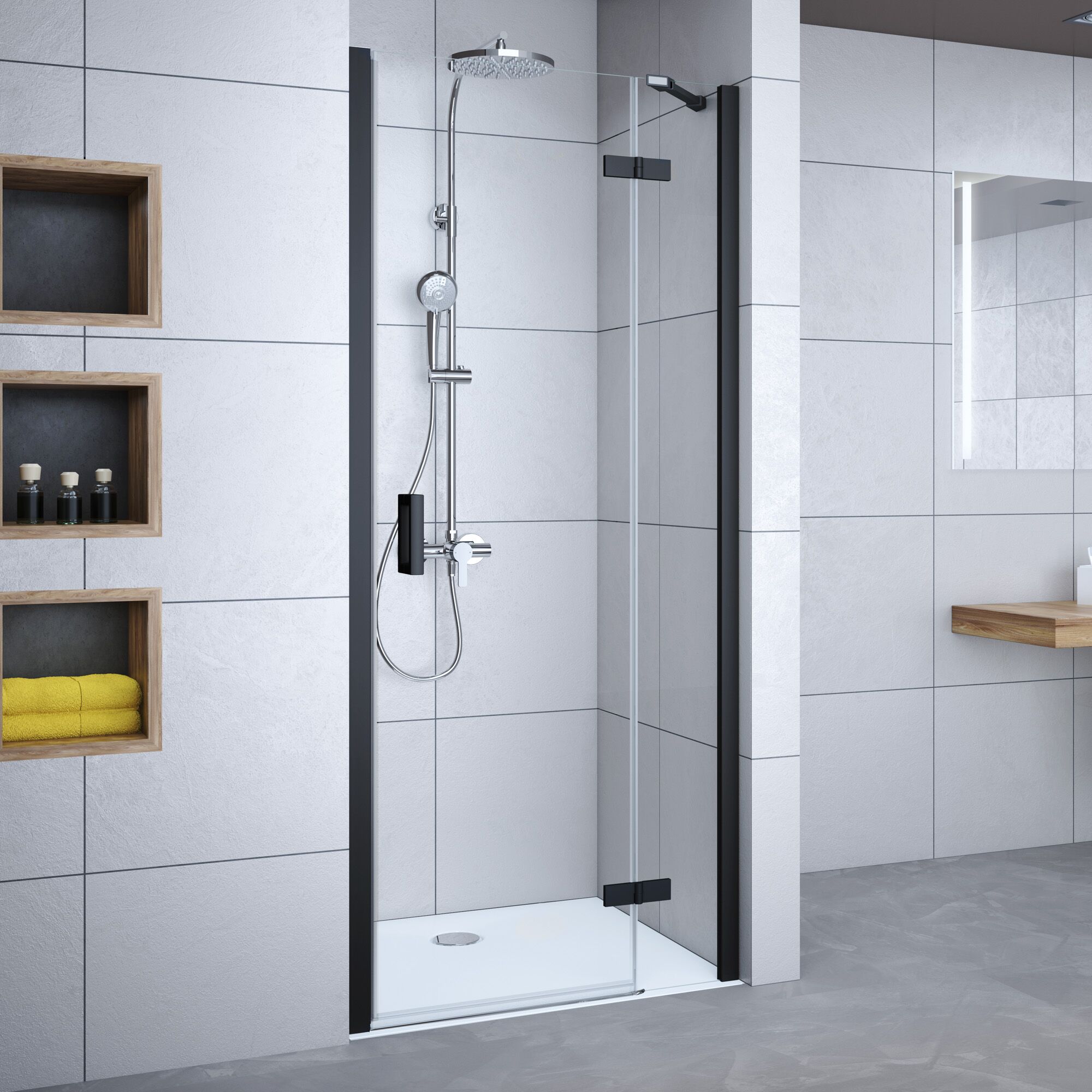 Duschkabine mit schwarzem Rahmen und Regalen