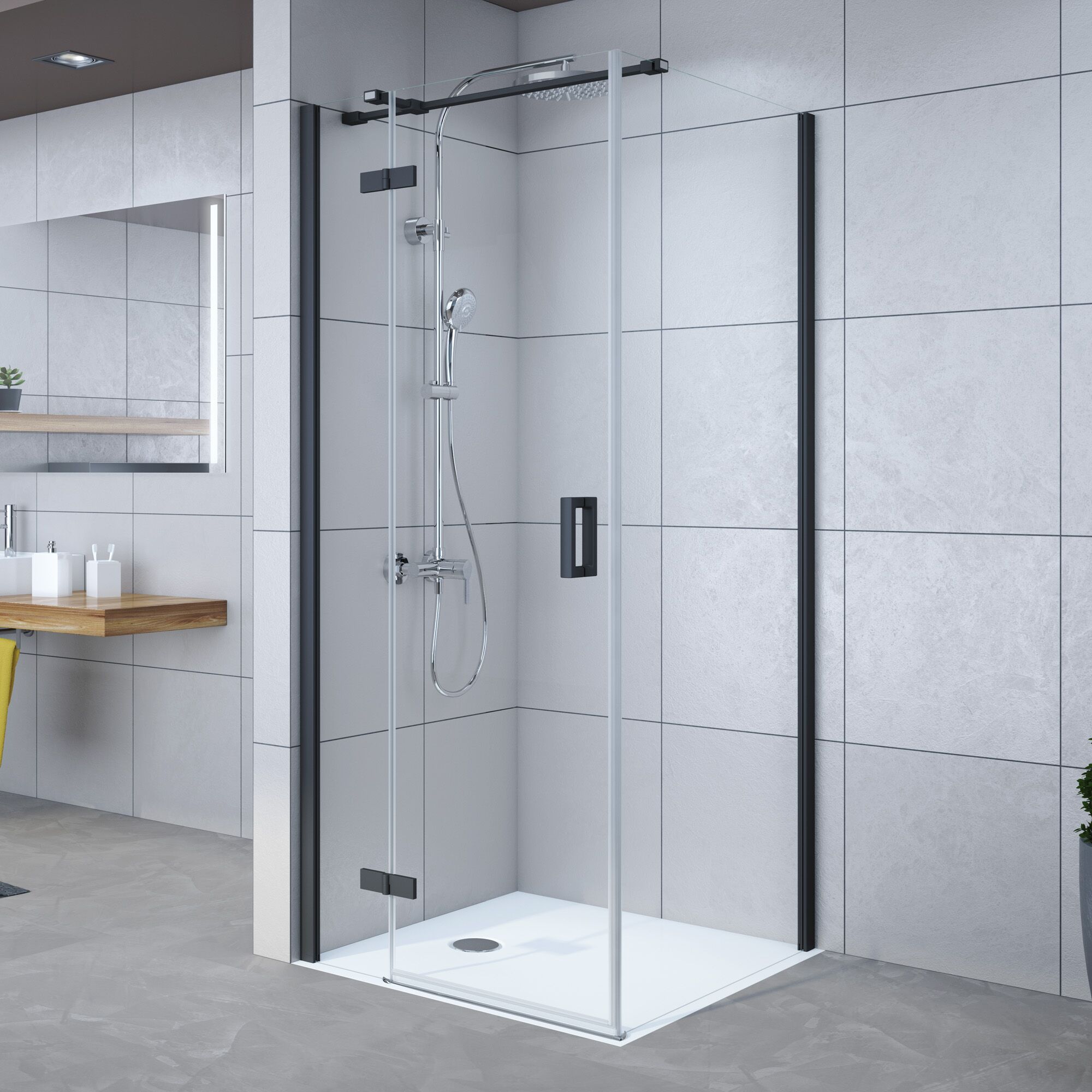 Duschkabine mit schwarzem Rahmen und Regendusche