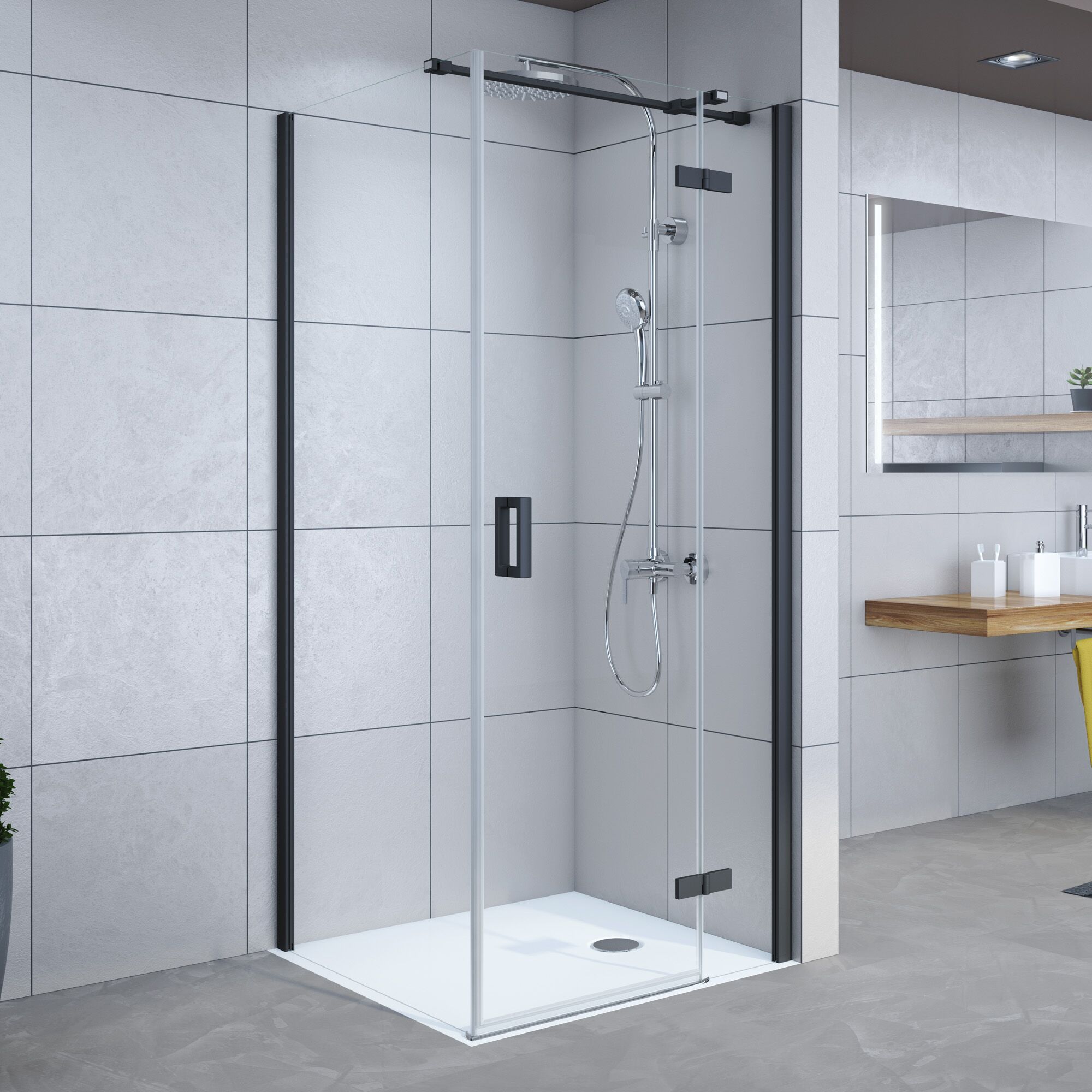 Duschkabine mit schwarzem Rahmen und Regendusche