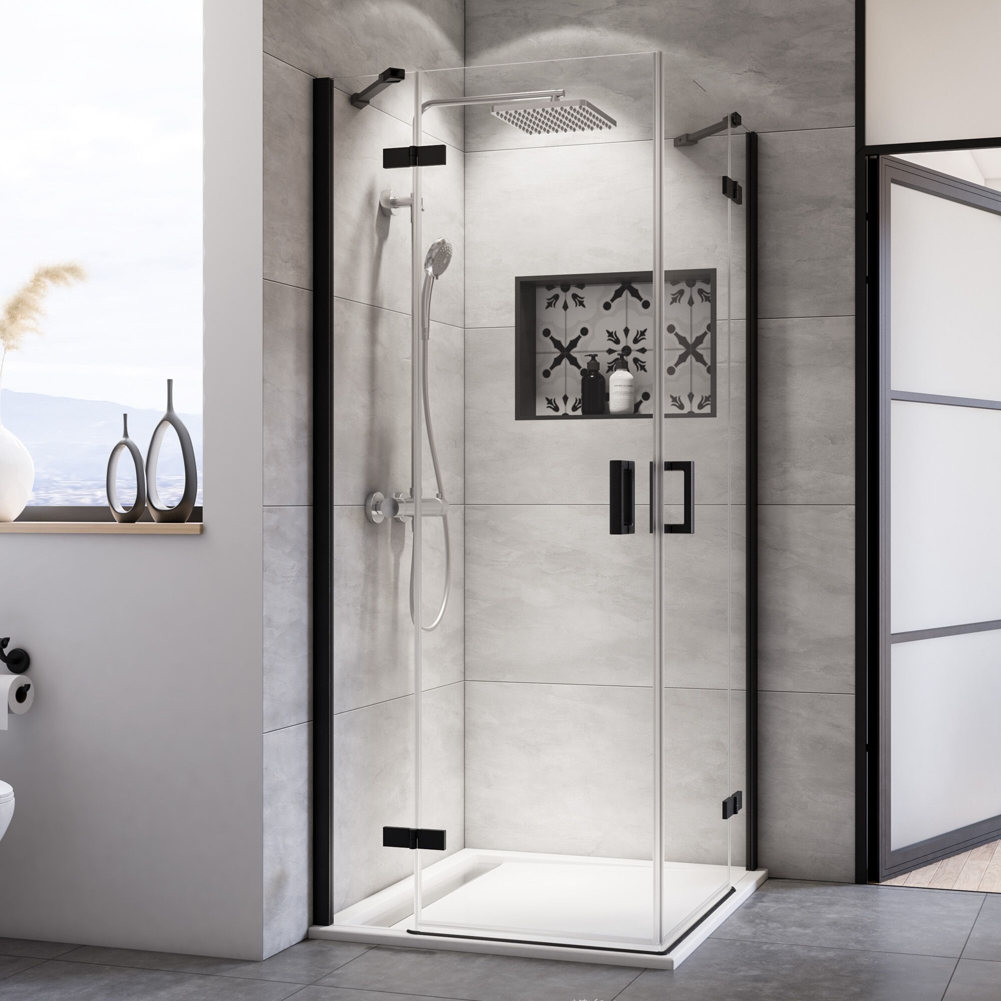 Duschkabine mit schwarzem Rahmen und Regalelement