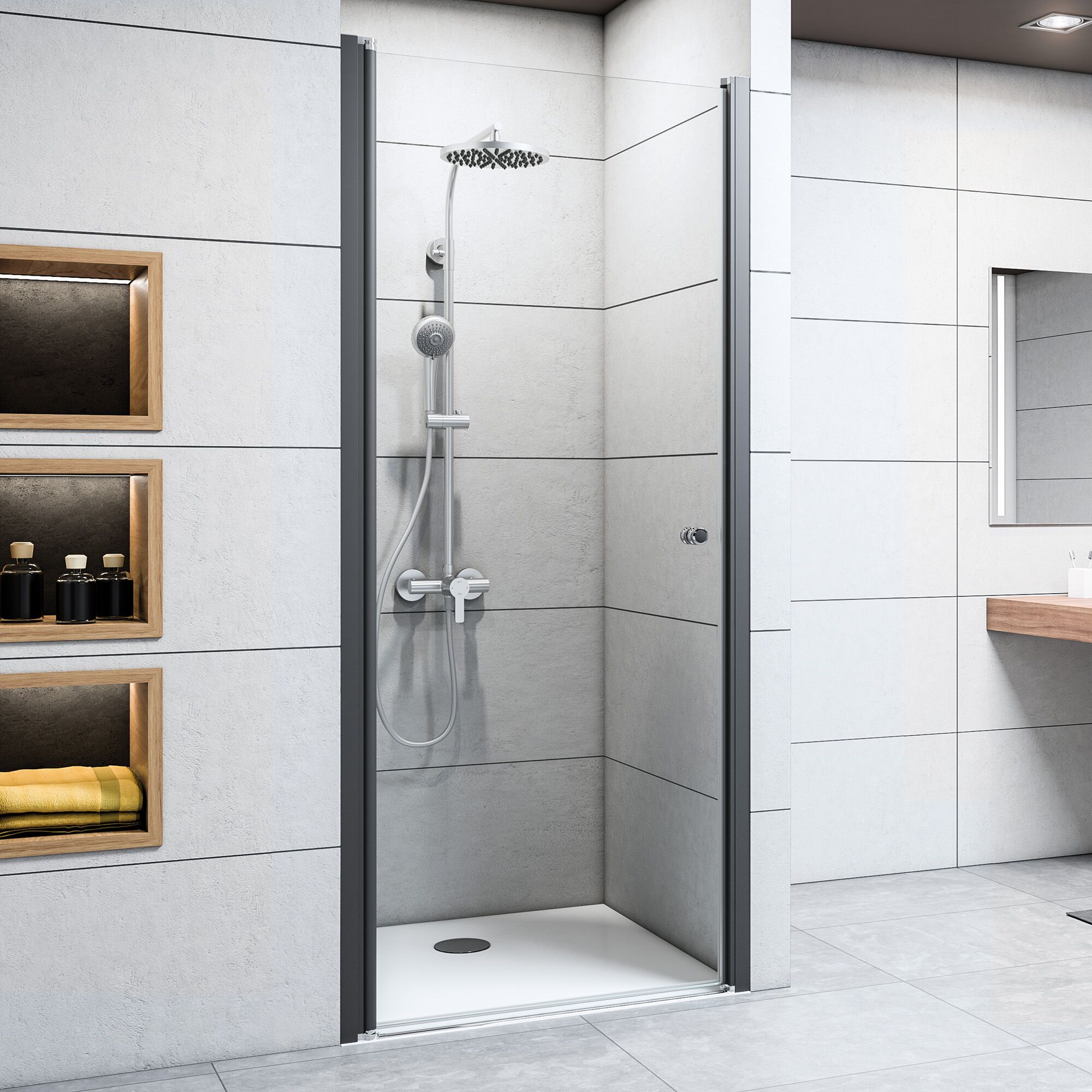 Duschkabine mit Regalen und Handtüchern