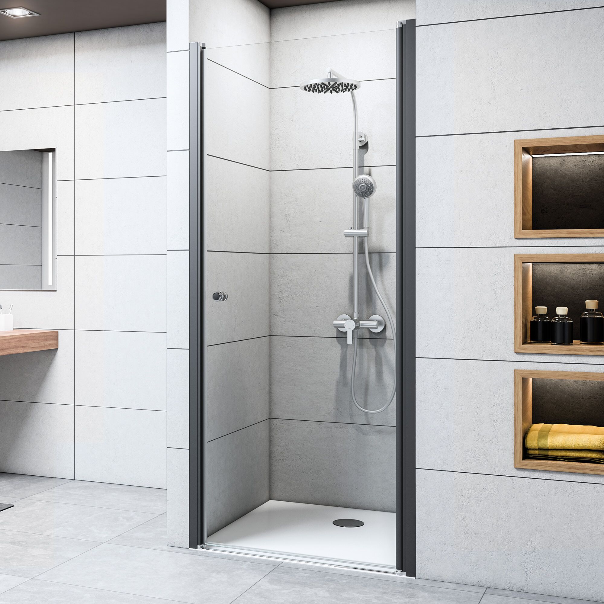 Duschkabine mit Duscharmatur und Regalen