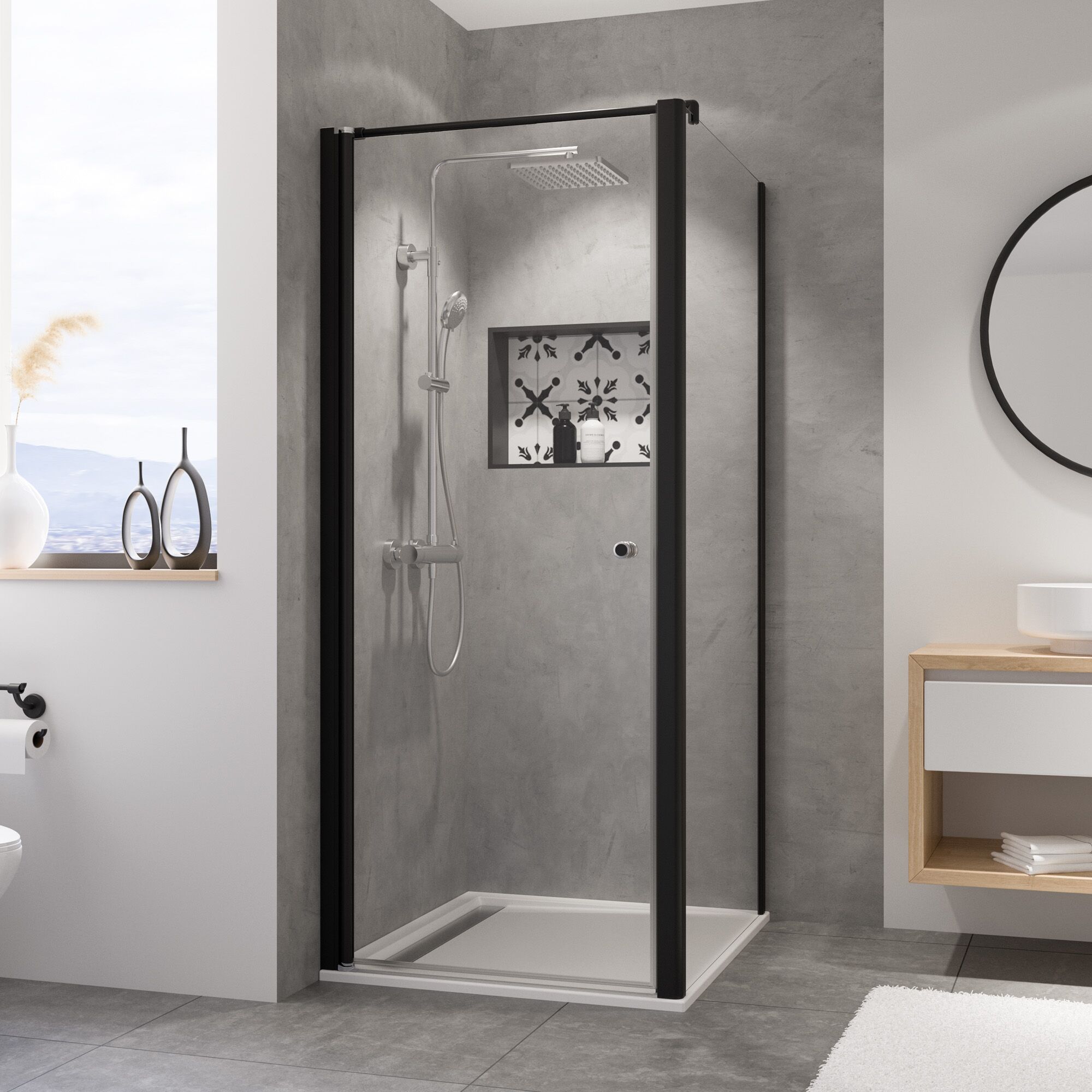 Duschkabine mit schwarzem Rahmen und Regendusche