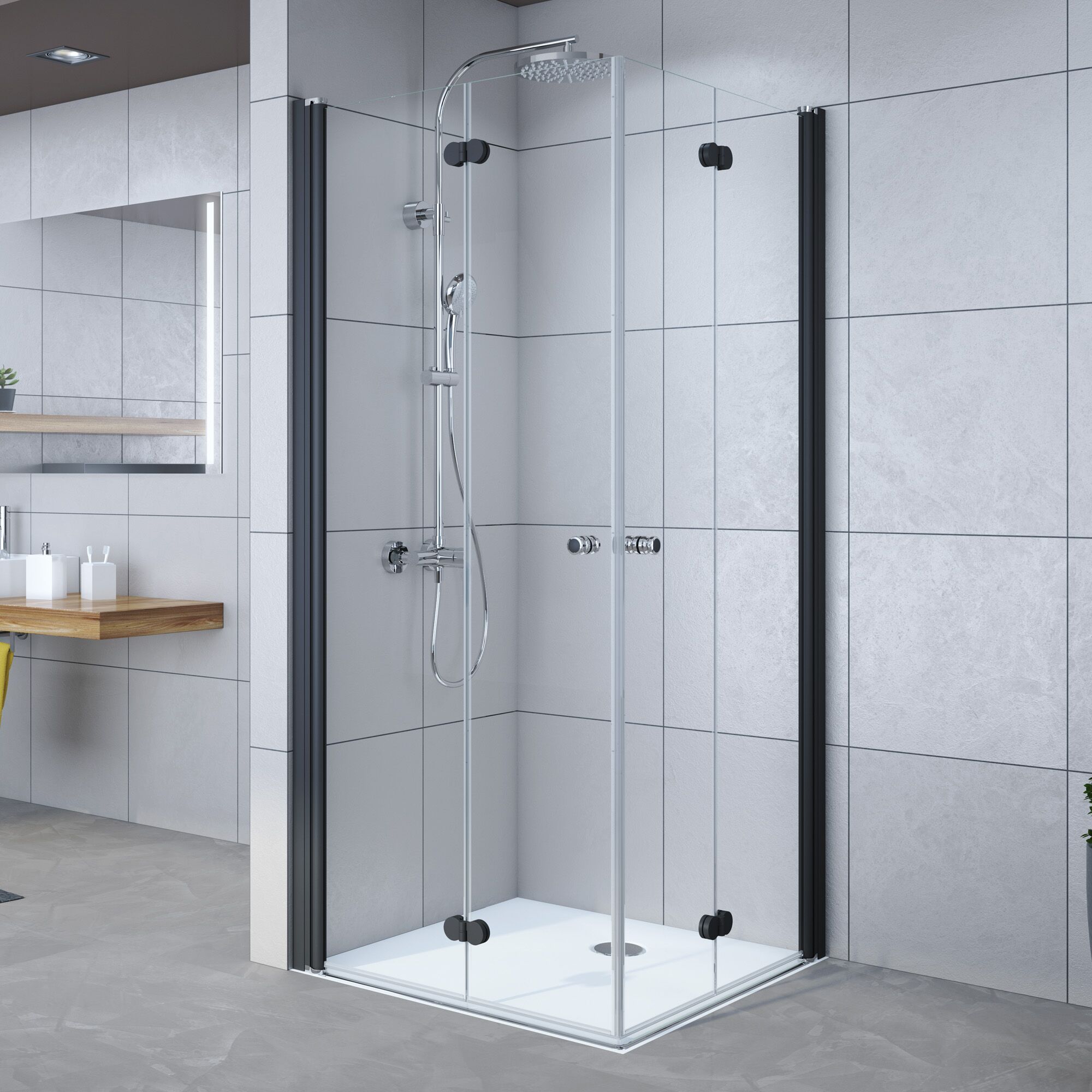 Eckdusche mit schwarzem Rahmen und Duscharmatur