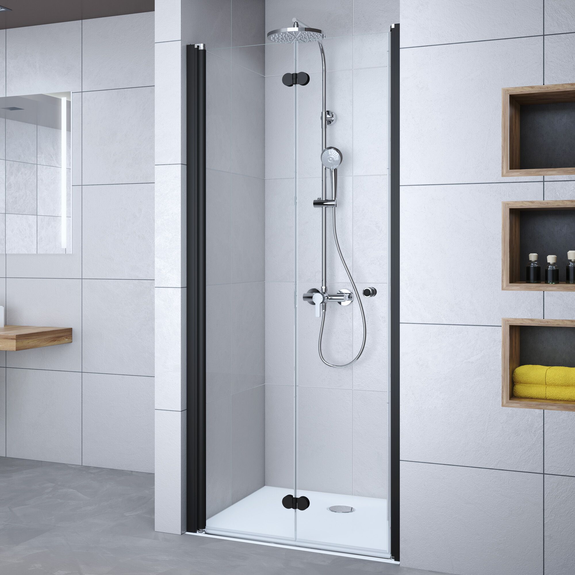 Duschkabine mit schwarzem Rahmen und Regalen