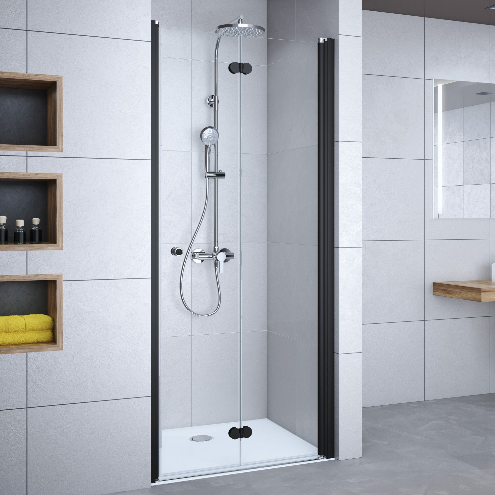 Duschkabine mit schwarzem Rahmen und Regendusche