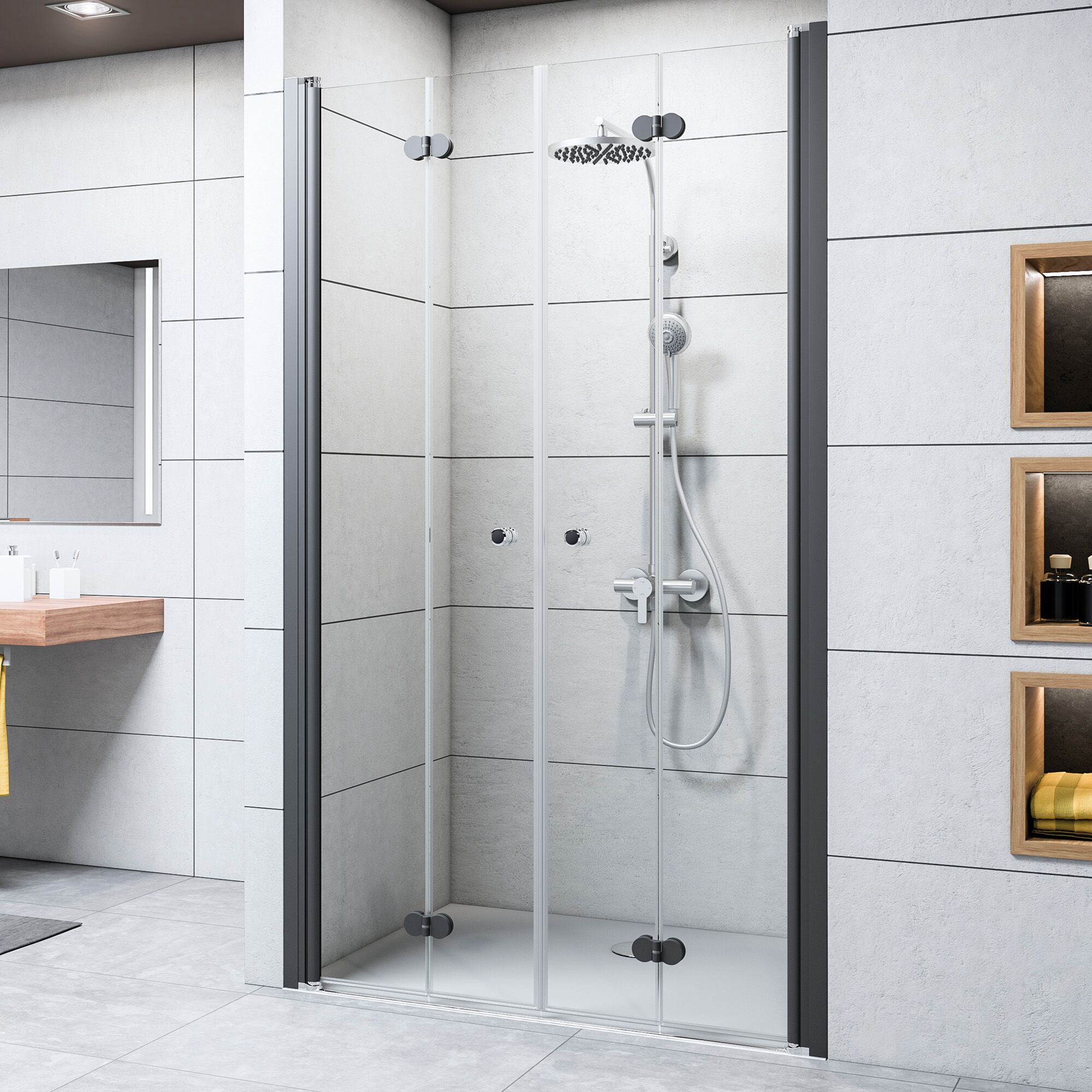 Duschkabine mit zwei Duschtüren und Duschkopf