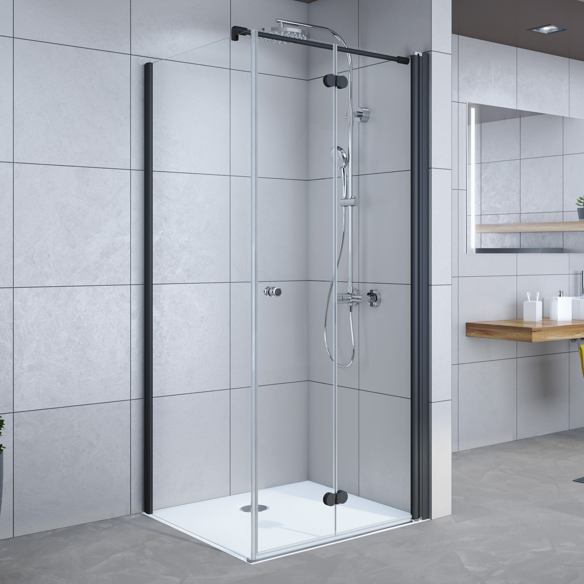 Duschkabine mit schwarzem Rahmen und Regendusche