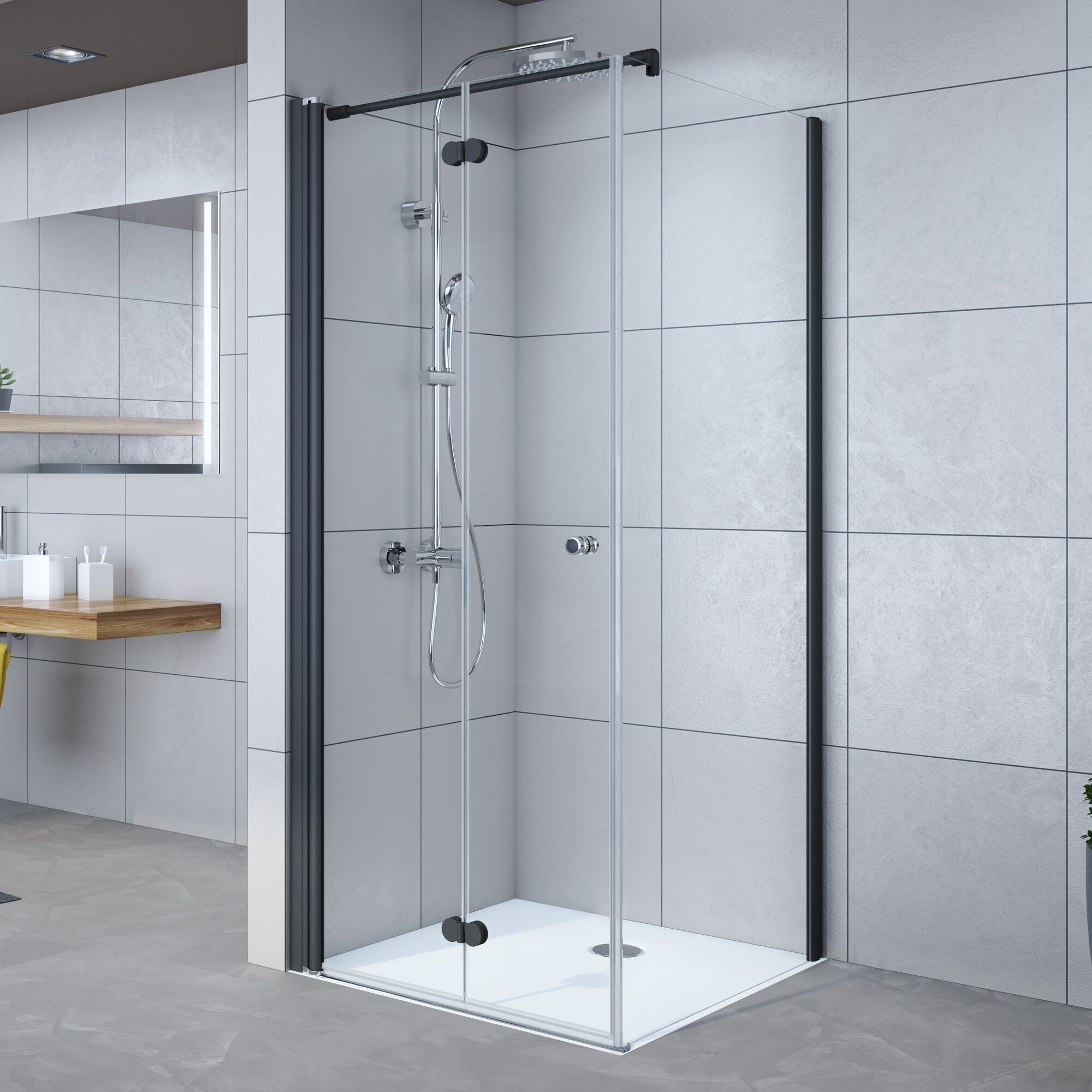 Duschabtrennung mit schwarzem Rahmen