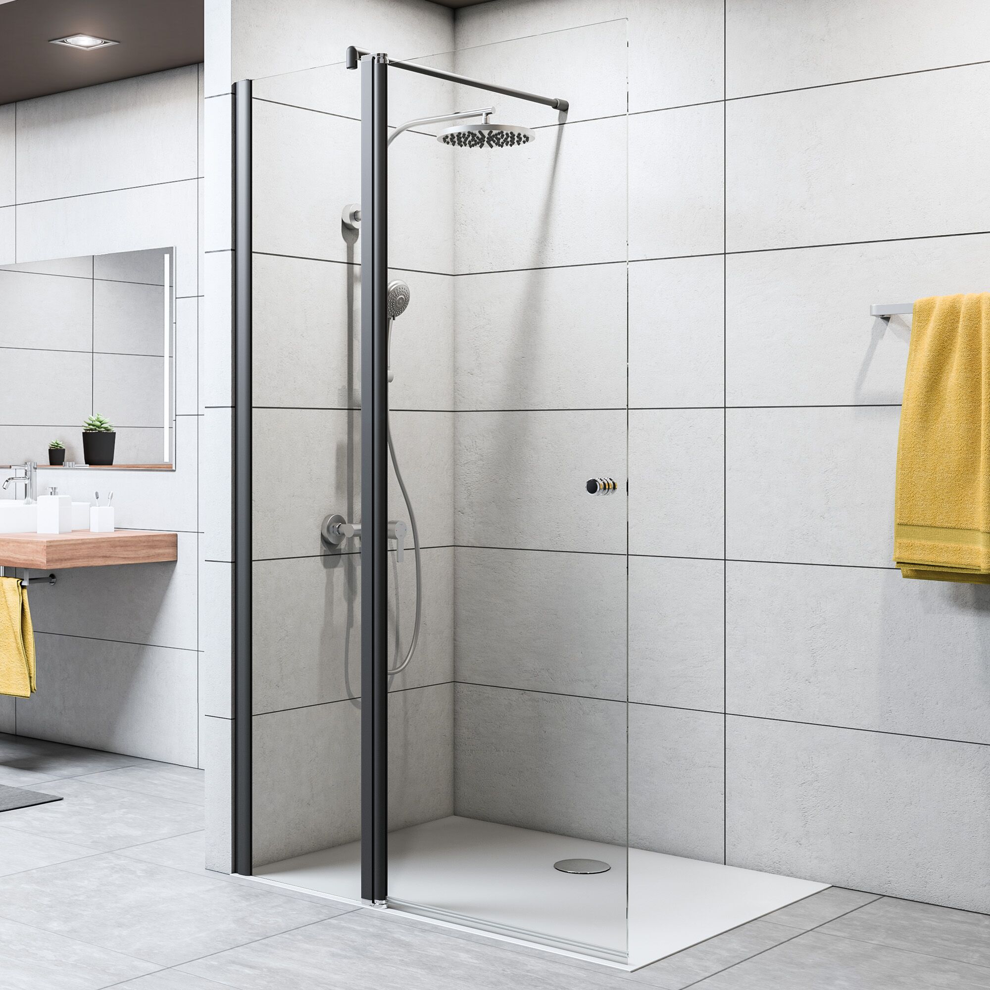 Duschkabine mit schwarzem Rahmen und Regendusche