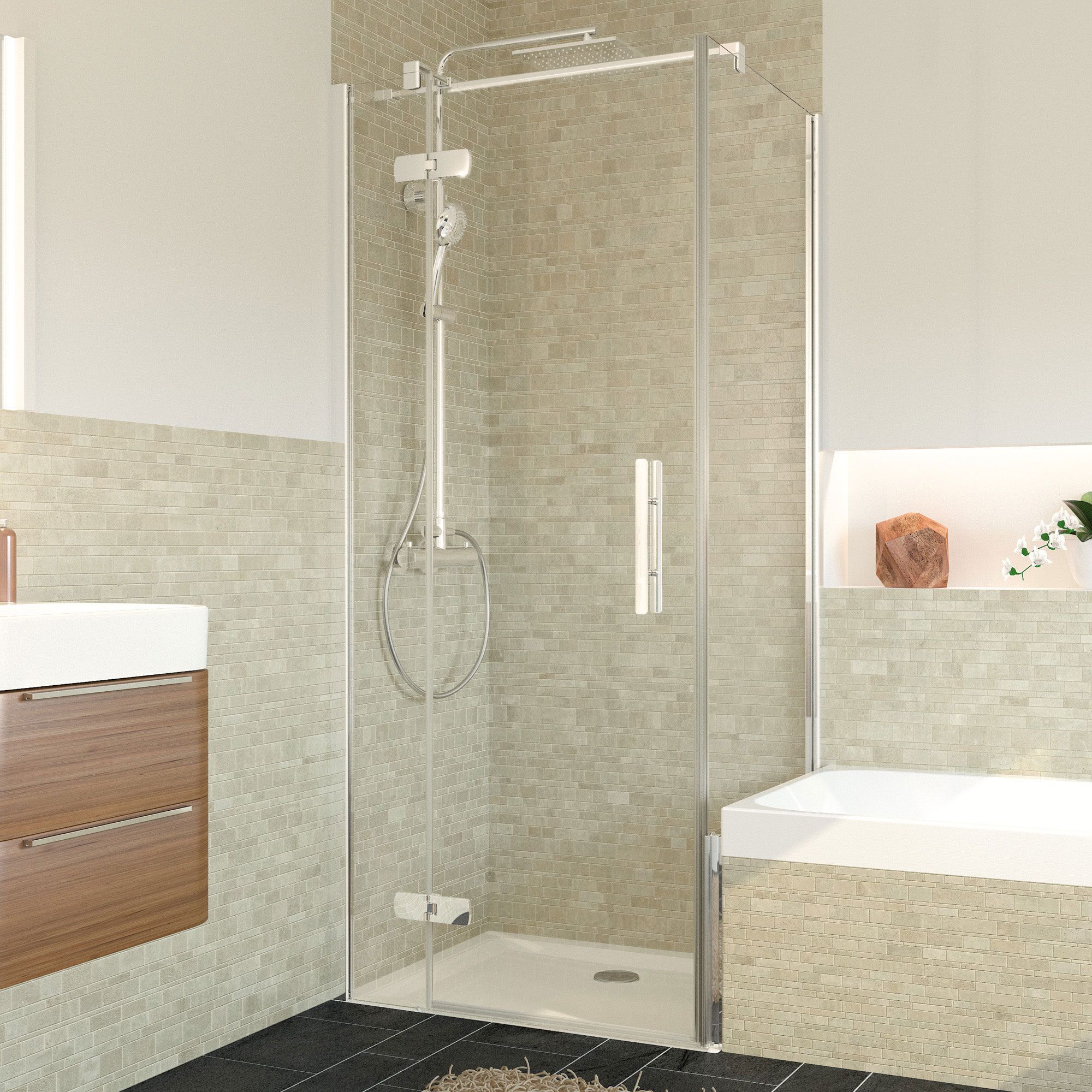 Eckdusche mit Duschtasse und Armatur in modernem Badezimmer