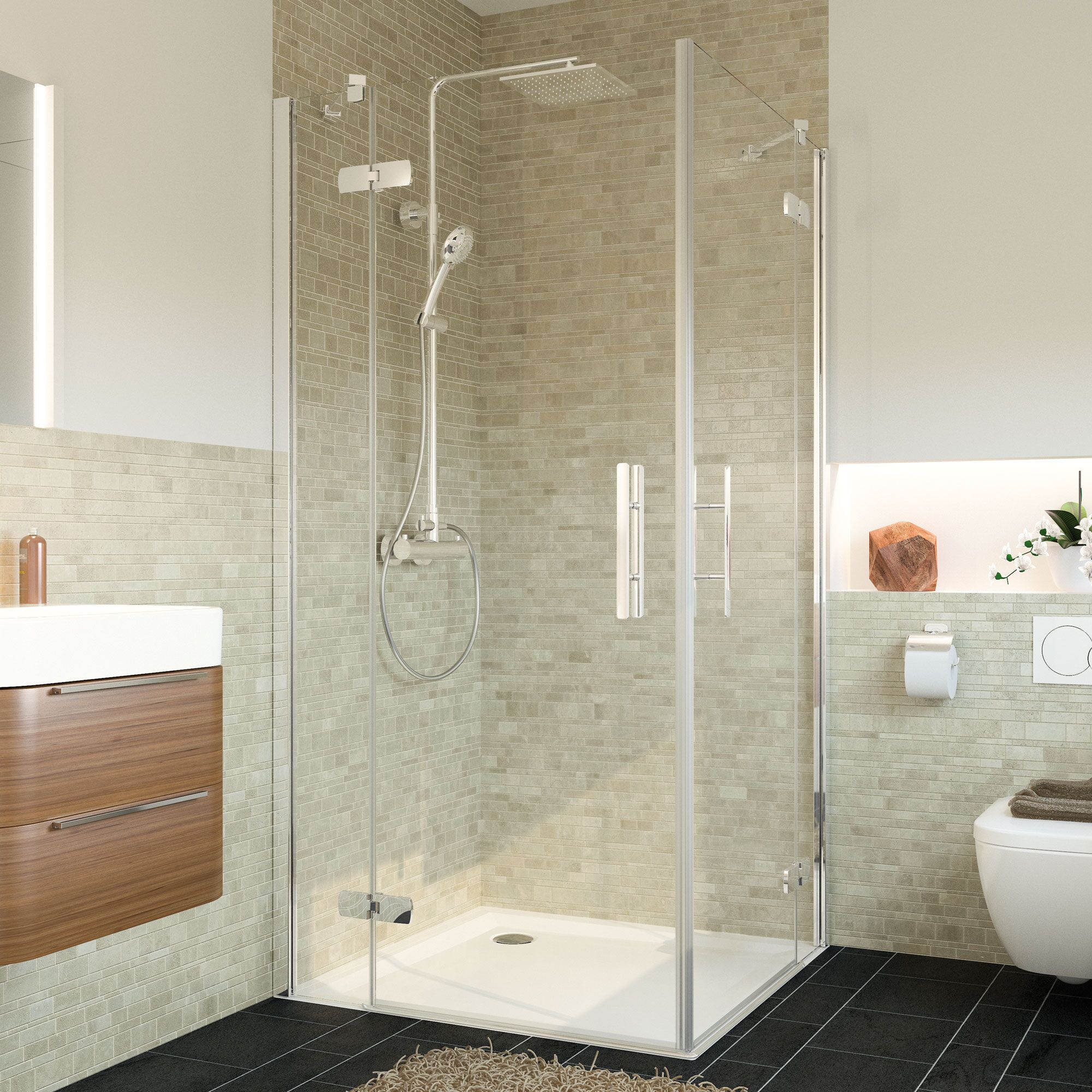 Eckdusche mit Duschkopf und zwei Griffen