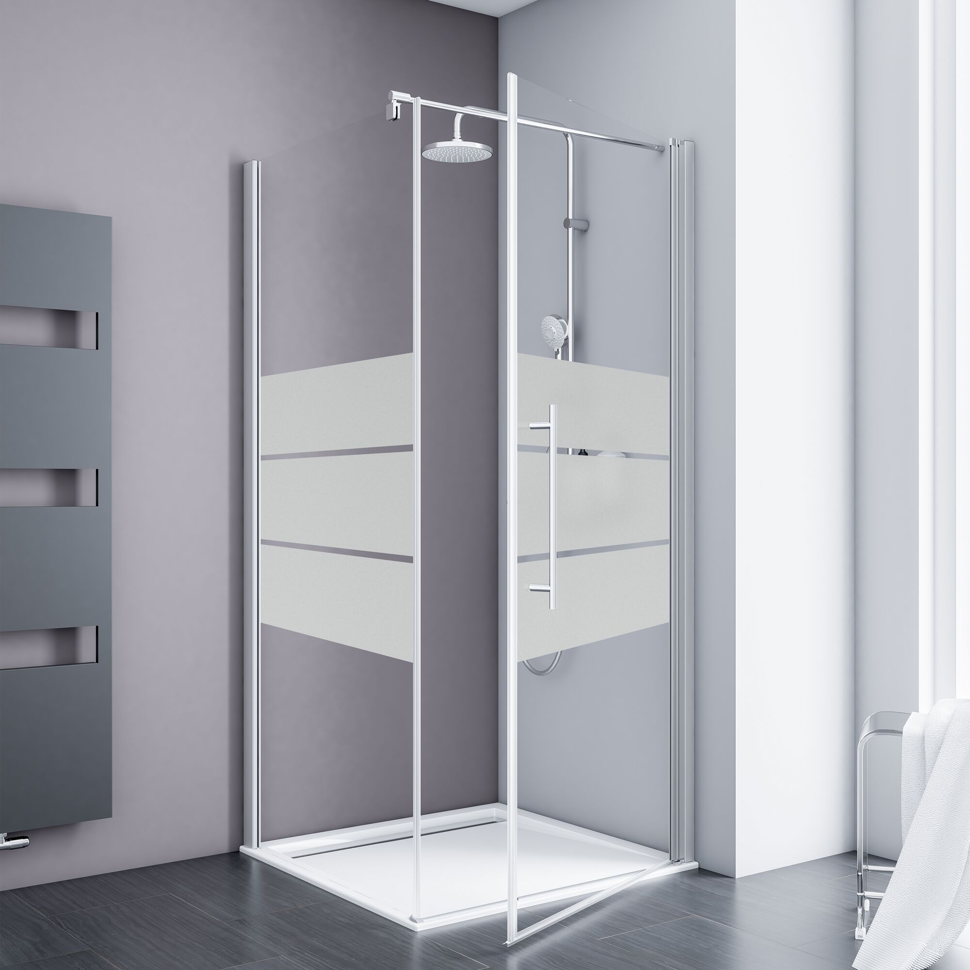 Duschkabine mit Duschtasse und teilweise satiniertem Glas