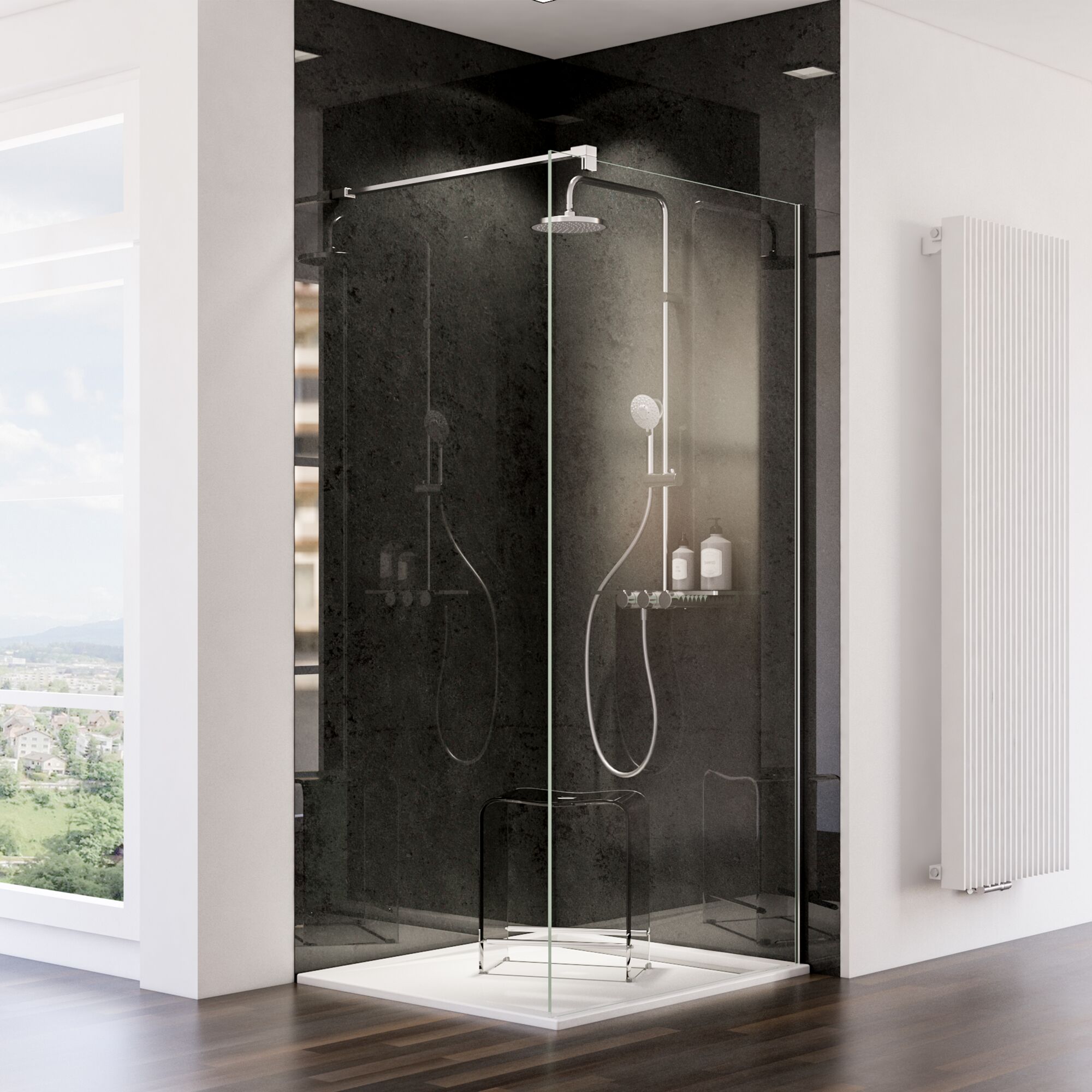 Duschkabine mit Regendusche und Hocker
