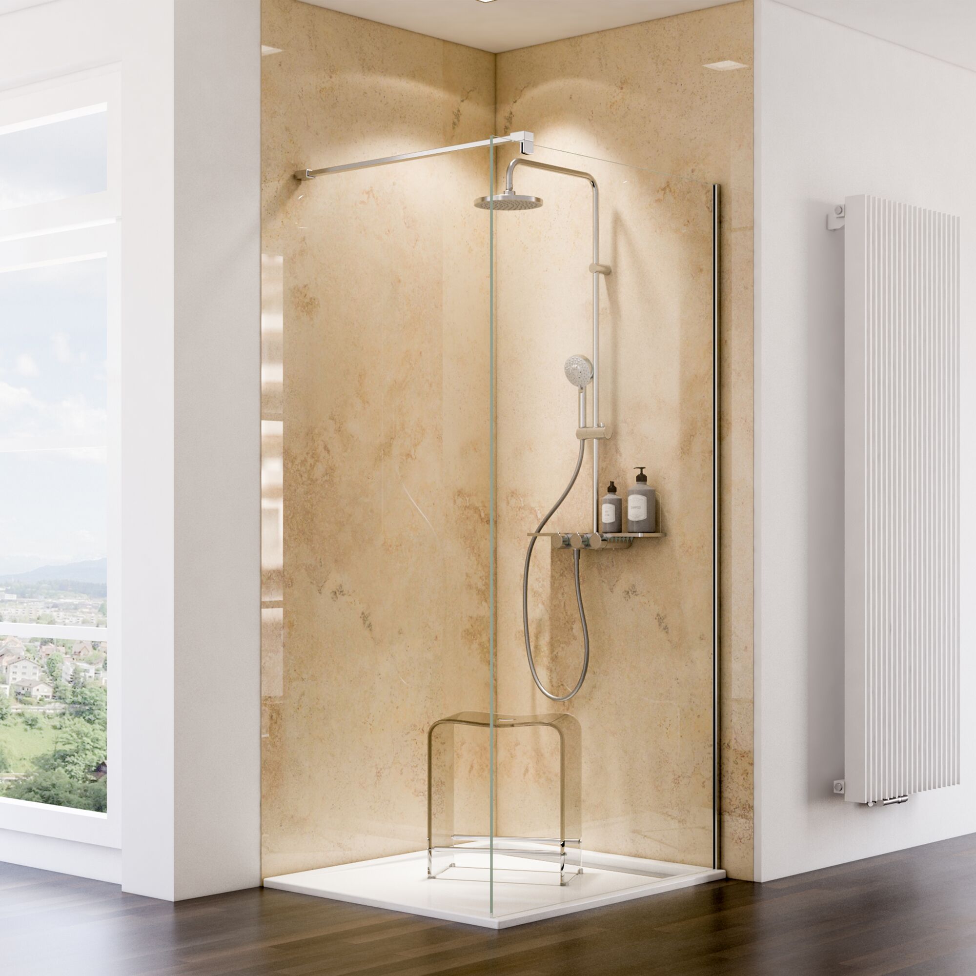 Duschkabine mit Regendusche und Duschhocker