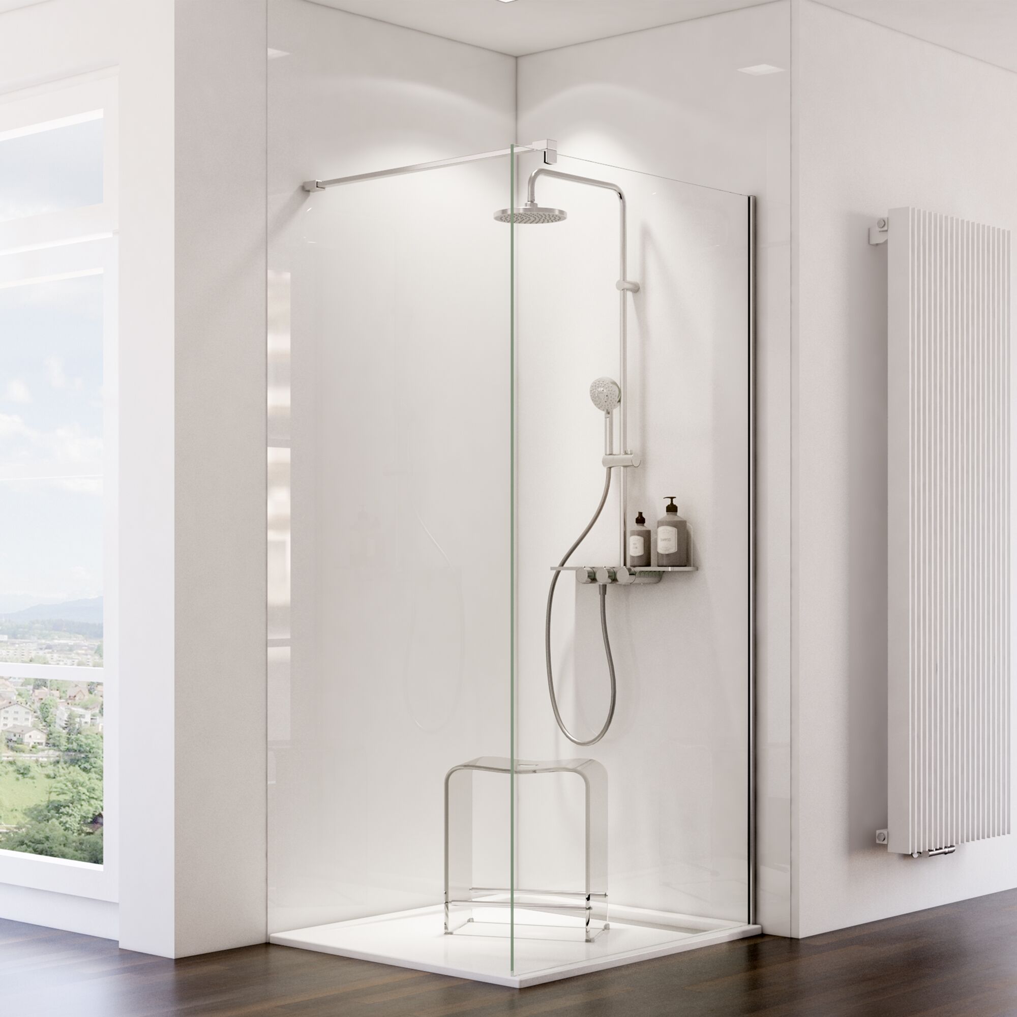 Duschkabine mit Duschkopf, Ablage und Duschhocker