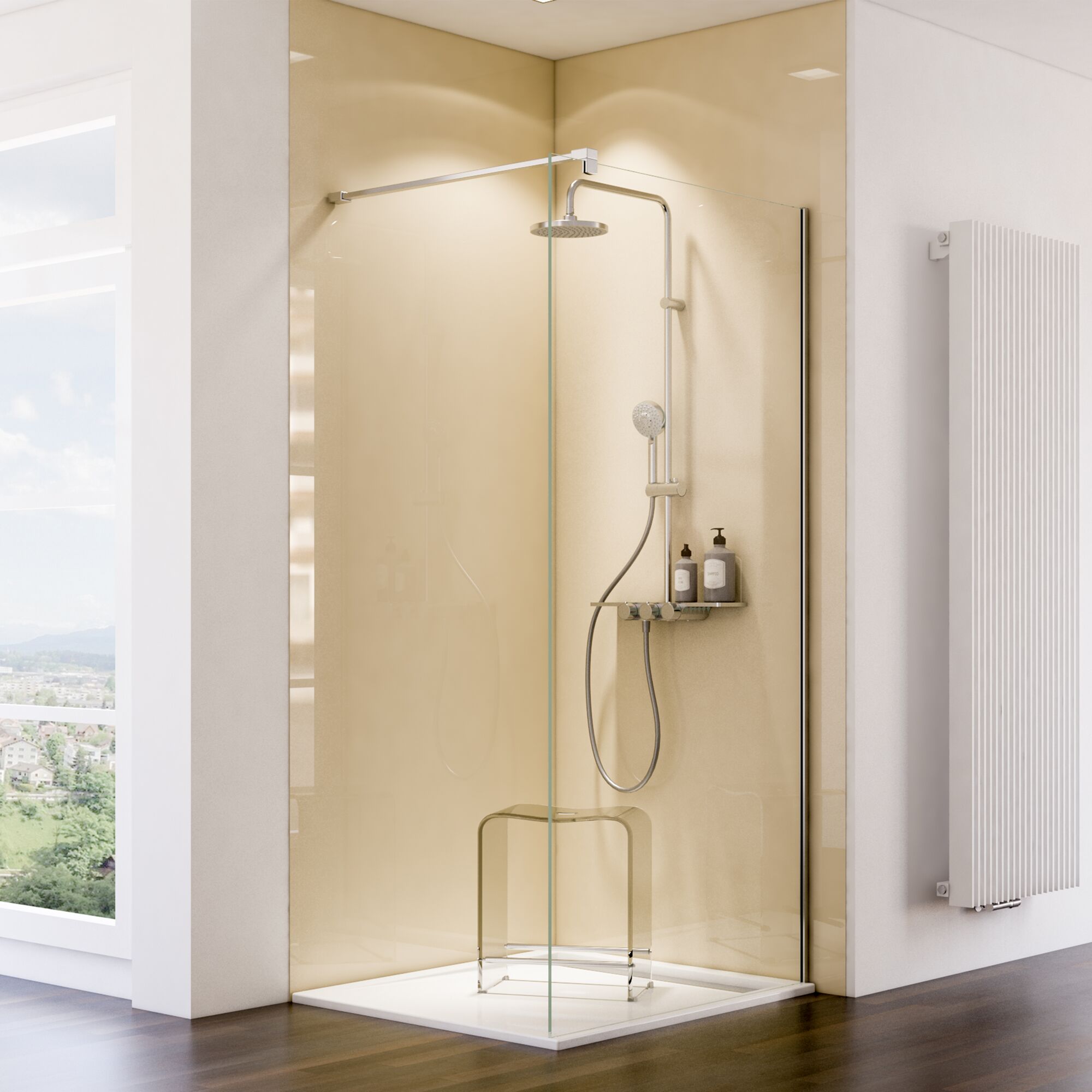 Duschkabine mit beigefarbener Rückwand