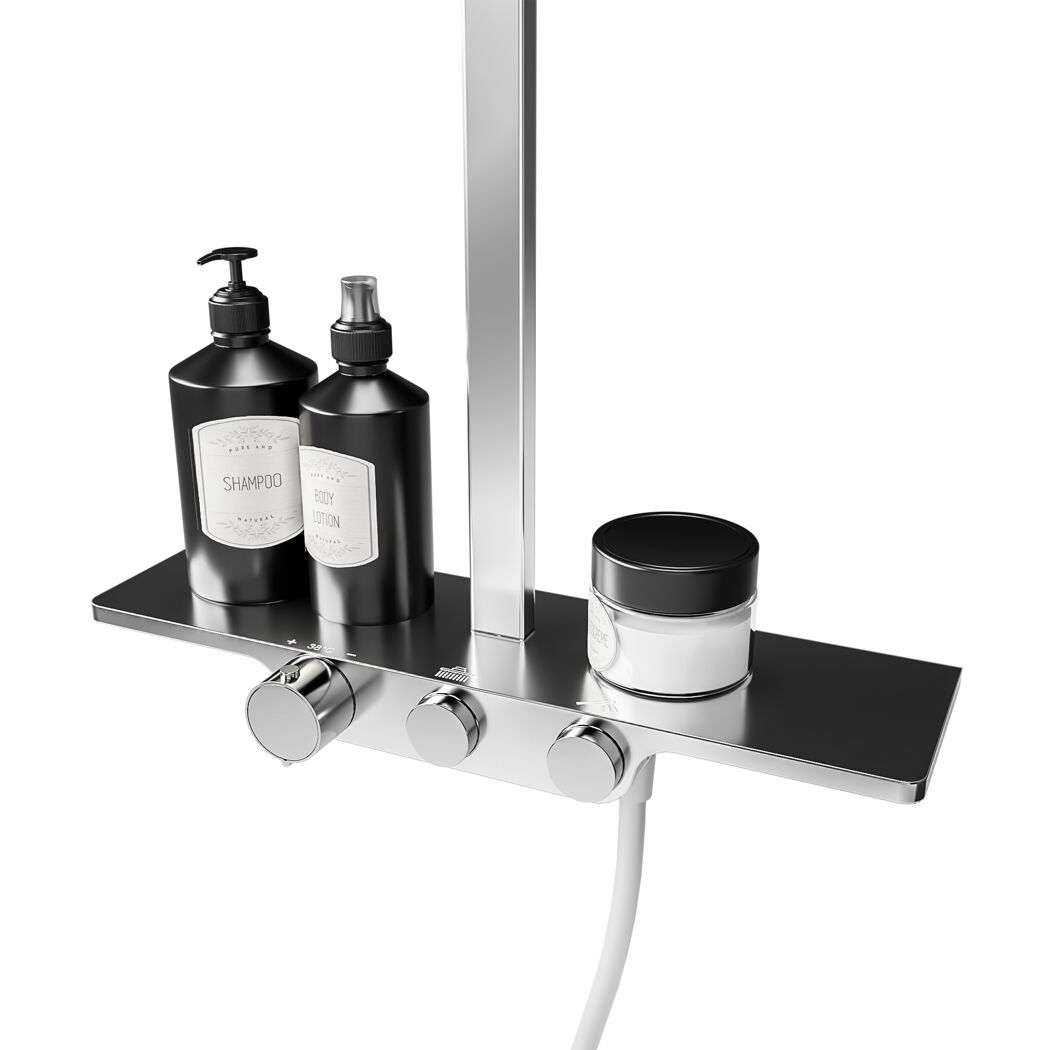 Duschkopf mit Ablage, Shampoo, Bodylotion und Creme
