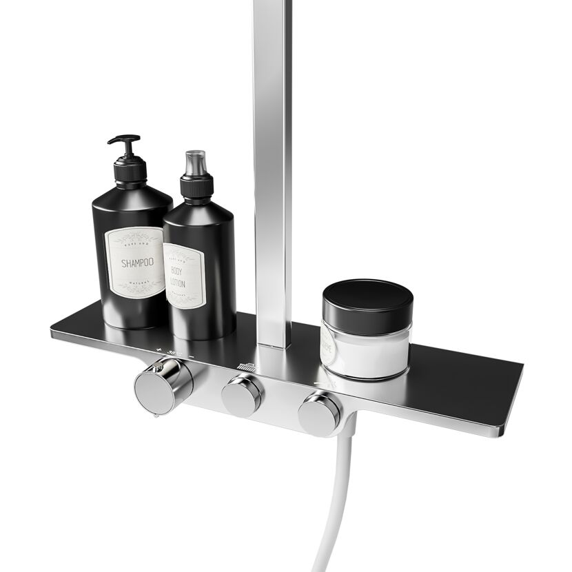 Duschkopf mit Ablage, Shampoo, Bodylotion und Creme