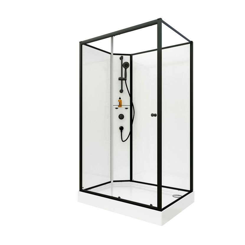 Duschkabine mit schwarzem Rahmen und Schiebetür aus Glas
