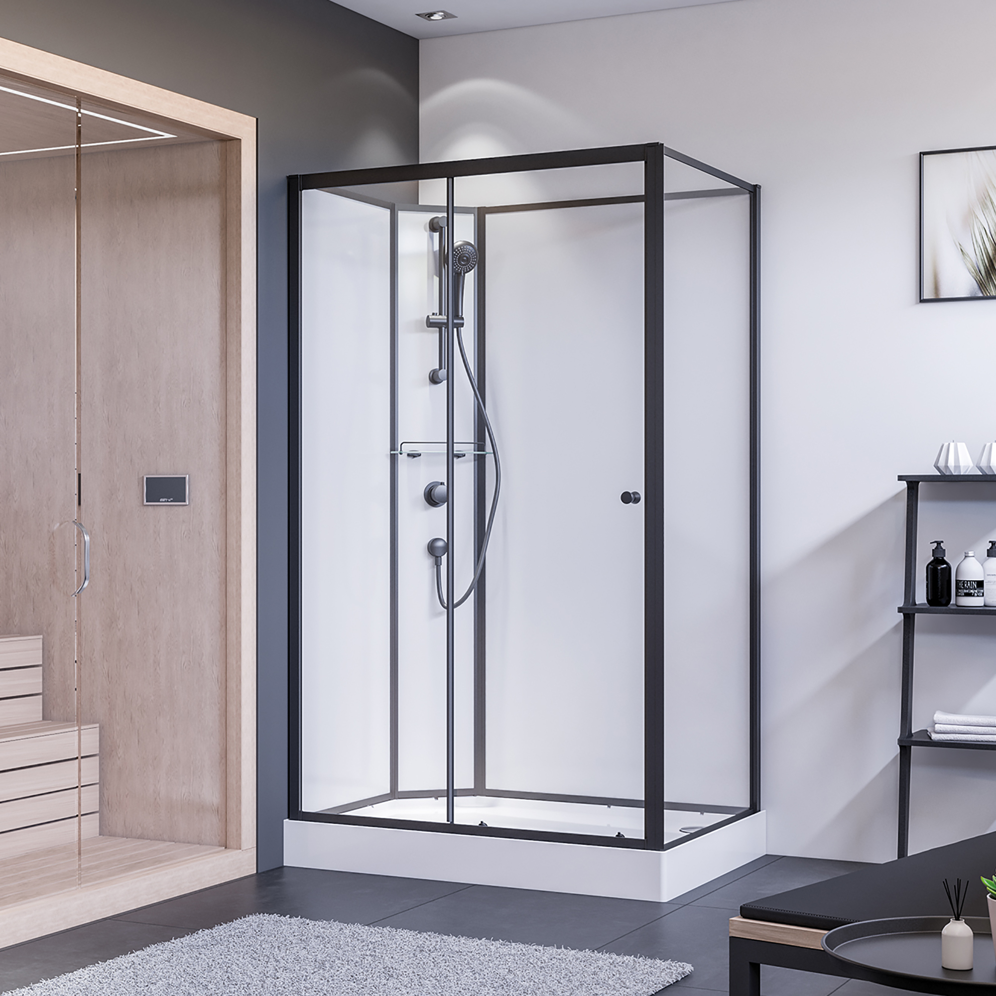 Dusche mit Schiebetür links und Seitenwand, Klarglas, vollgerahmt, schwarz matt, 90 x 204 cm + product picture