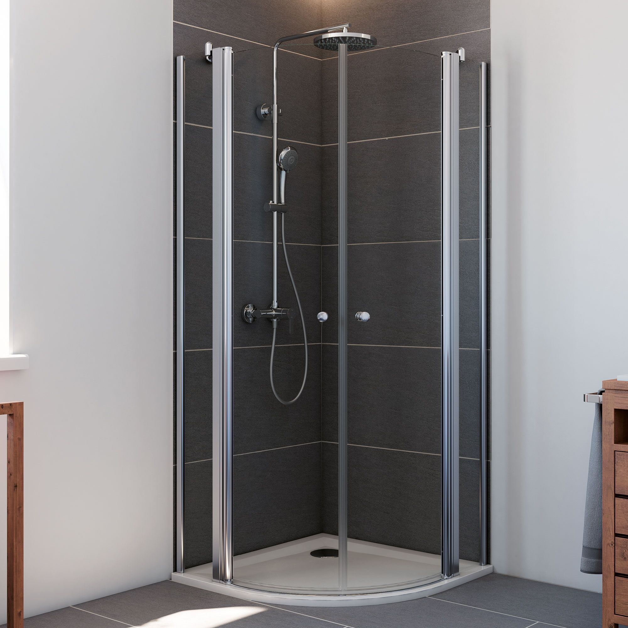 Eck-Duschkabine mit runder Duschwanne