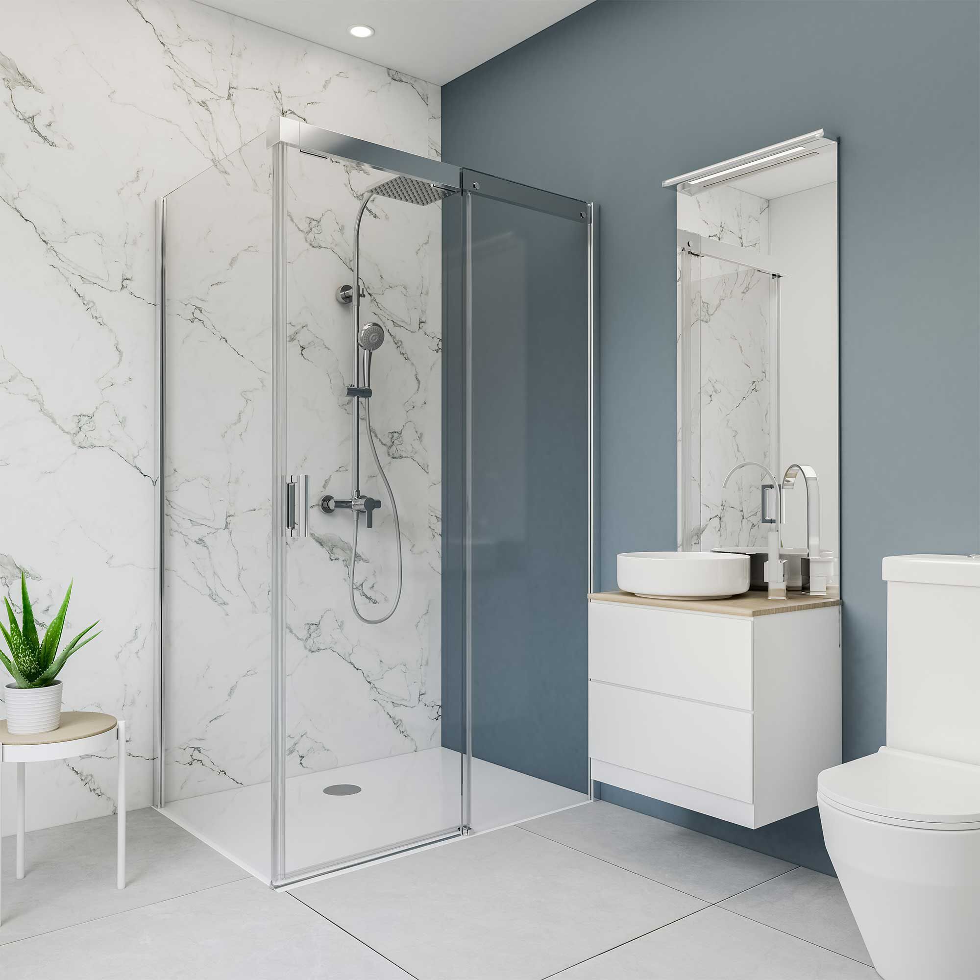Modernes Badezimmer mit Dusche, Waschbecken und Toilette.
