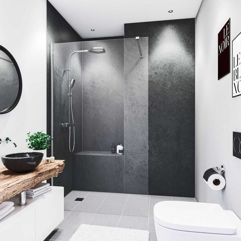 Modernes Badezimmer mit grauen Fliesen und Holzelementen