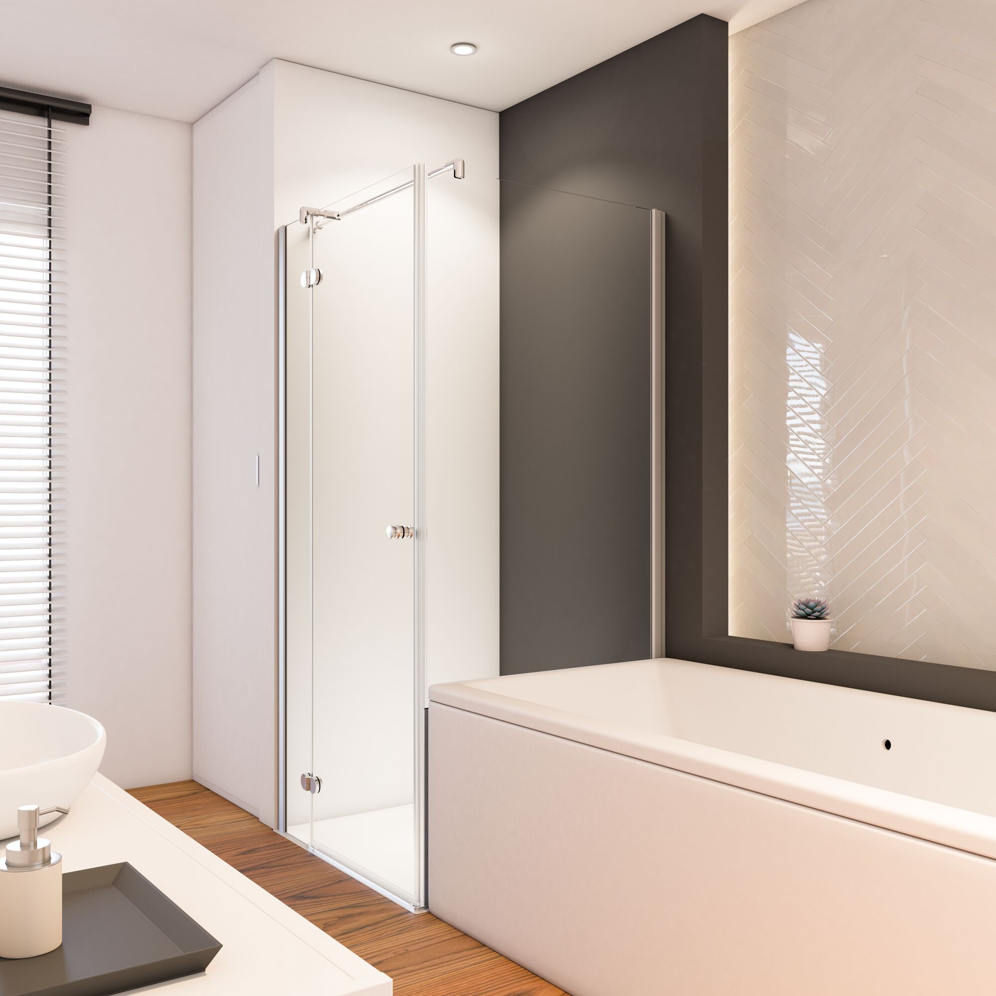 Badezimmer mit Badewanne und Duschkabine