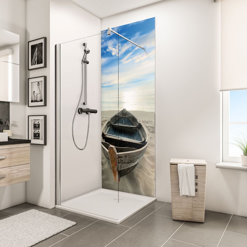 Duschrückwand 'DecoDesign' Ruderboot am Strand 210 x 90 cm