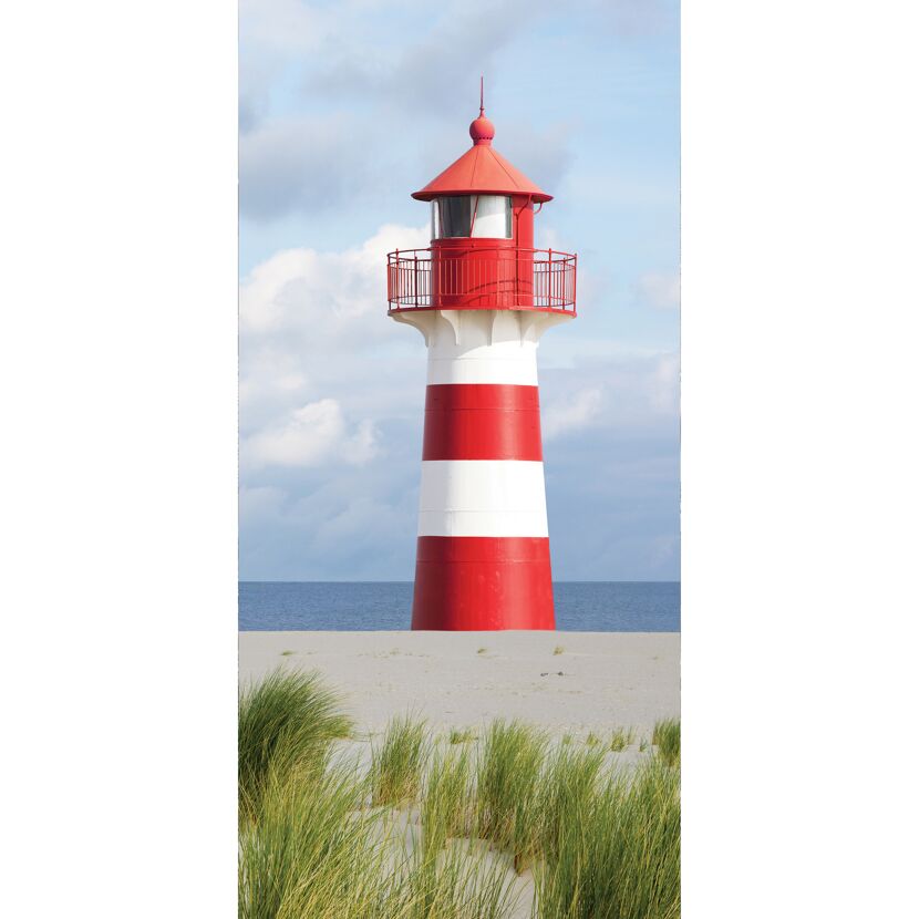 Rot-weißer Leuchtturm am Strand