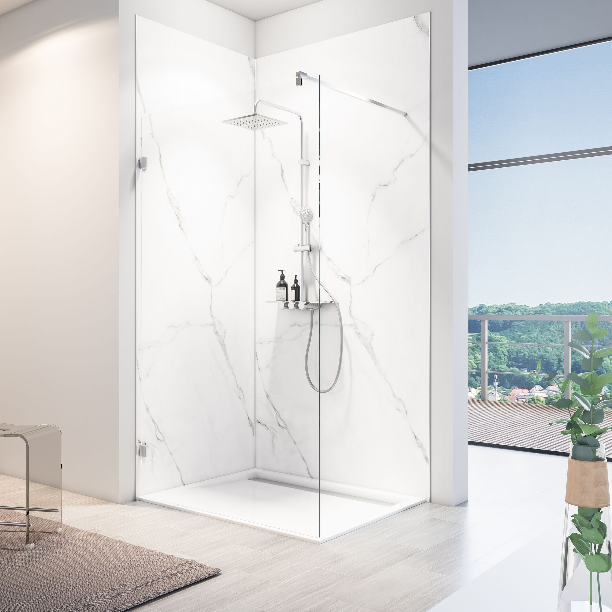 Duschkabine mit Regendusche und Marmorwand