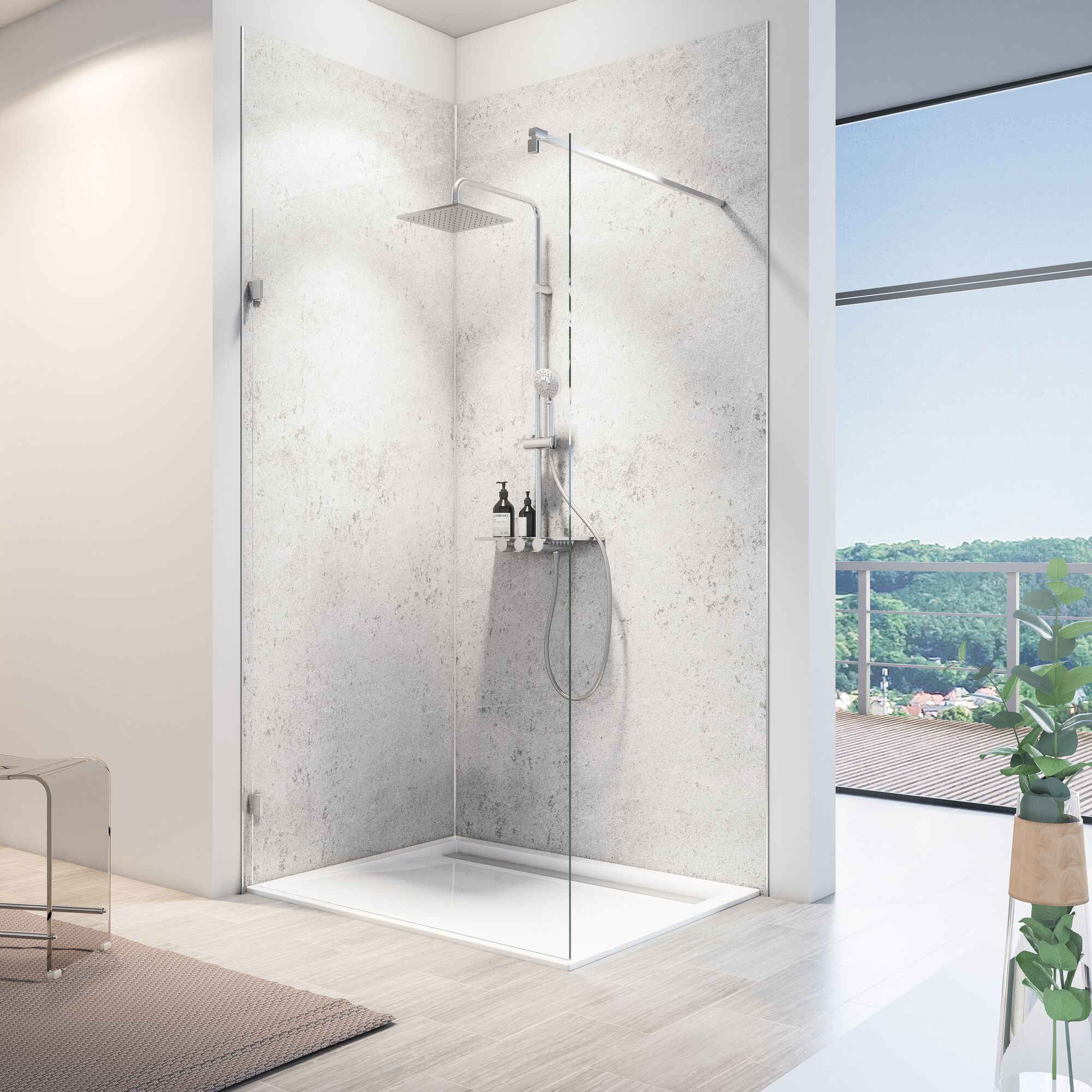 Duschkabine mit Regendusche und grauer Rückwand
