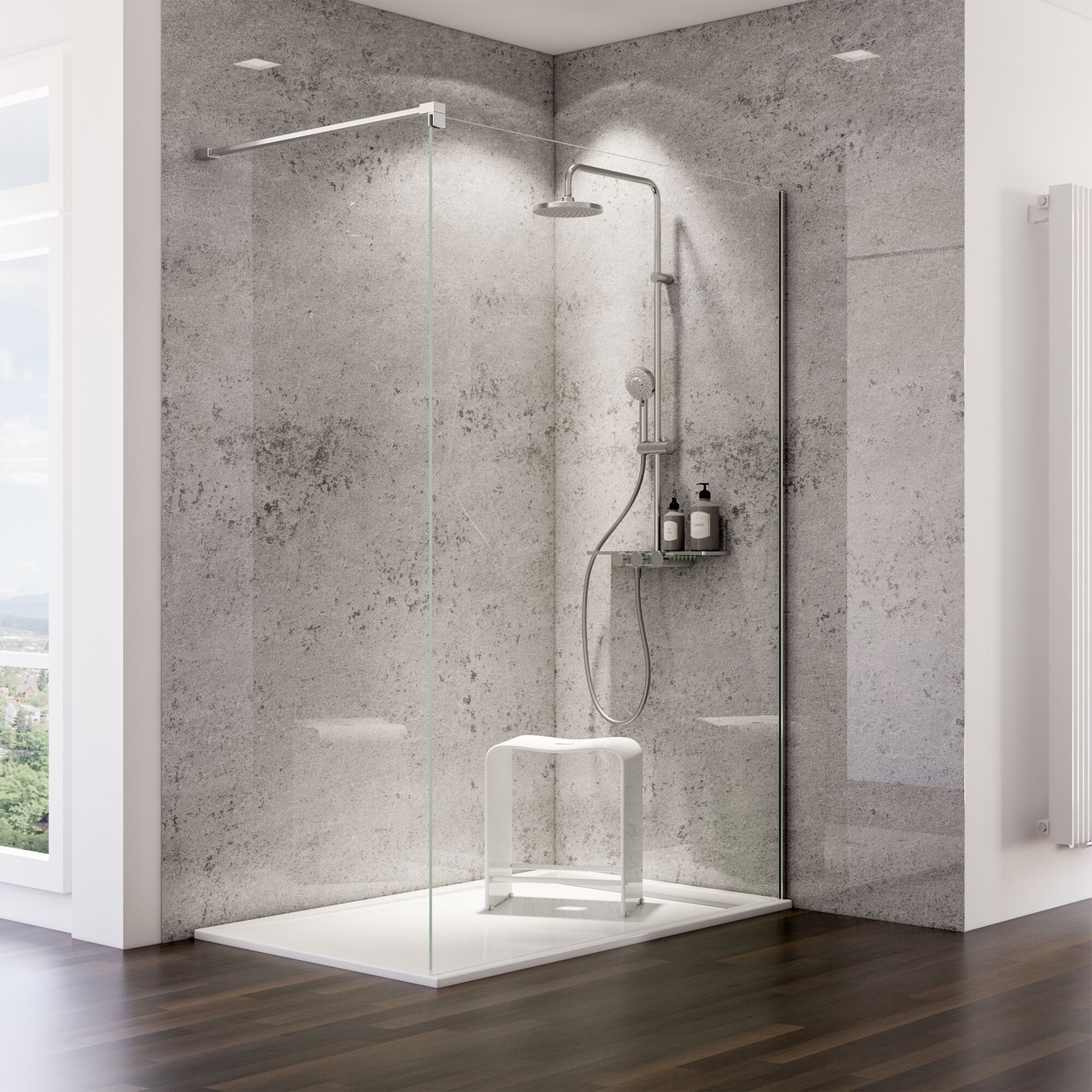 Duschkabine mit Betonwand