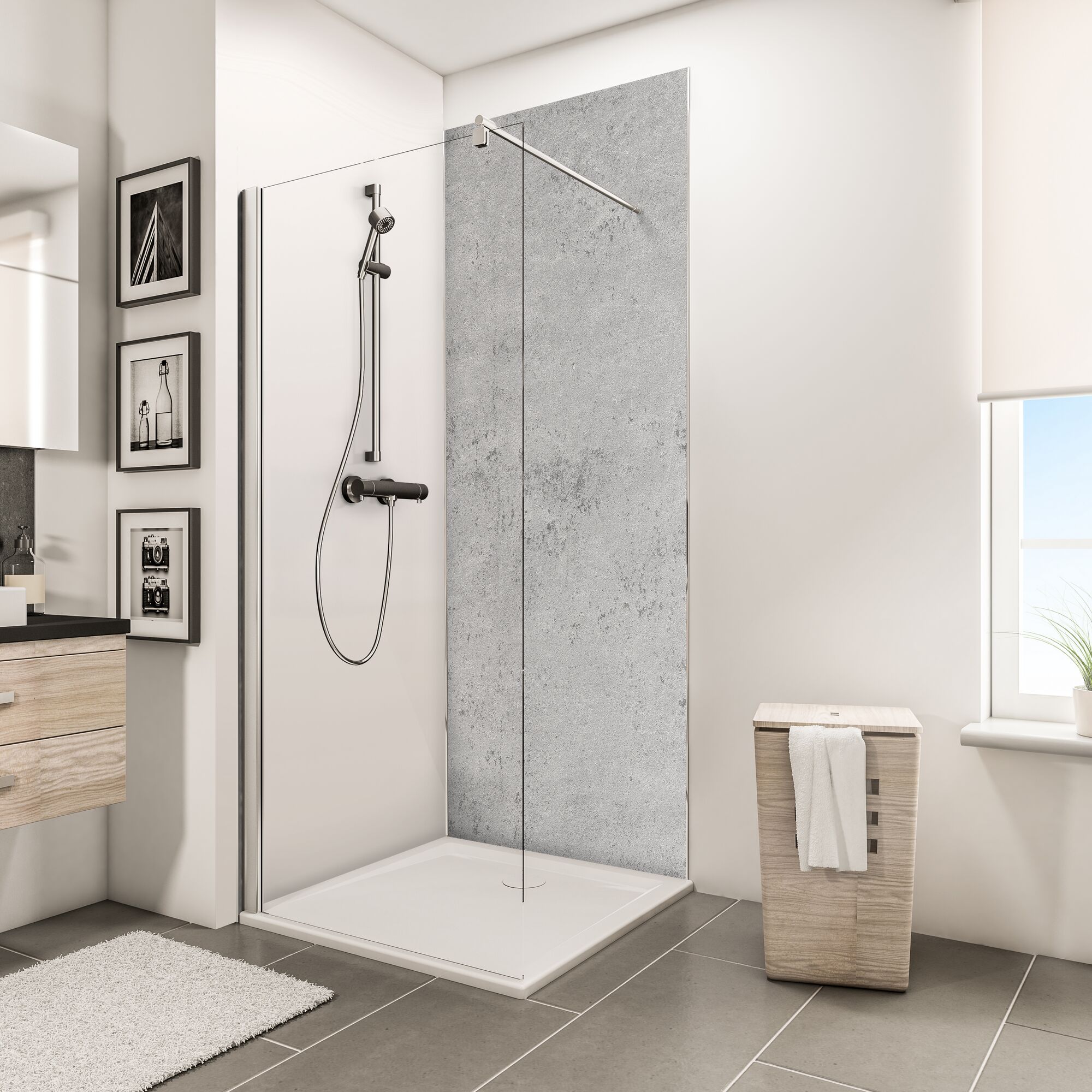 Duschkabine mit grauer Rückwand