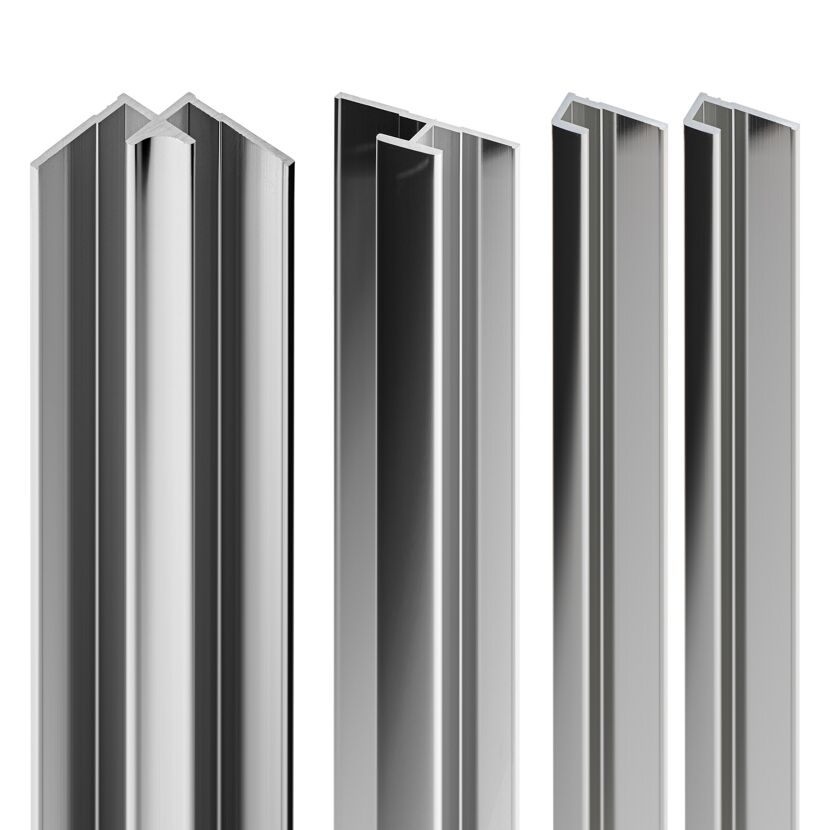 Chromfarbene Metallprofile in U- und L-Form.