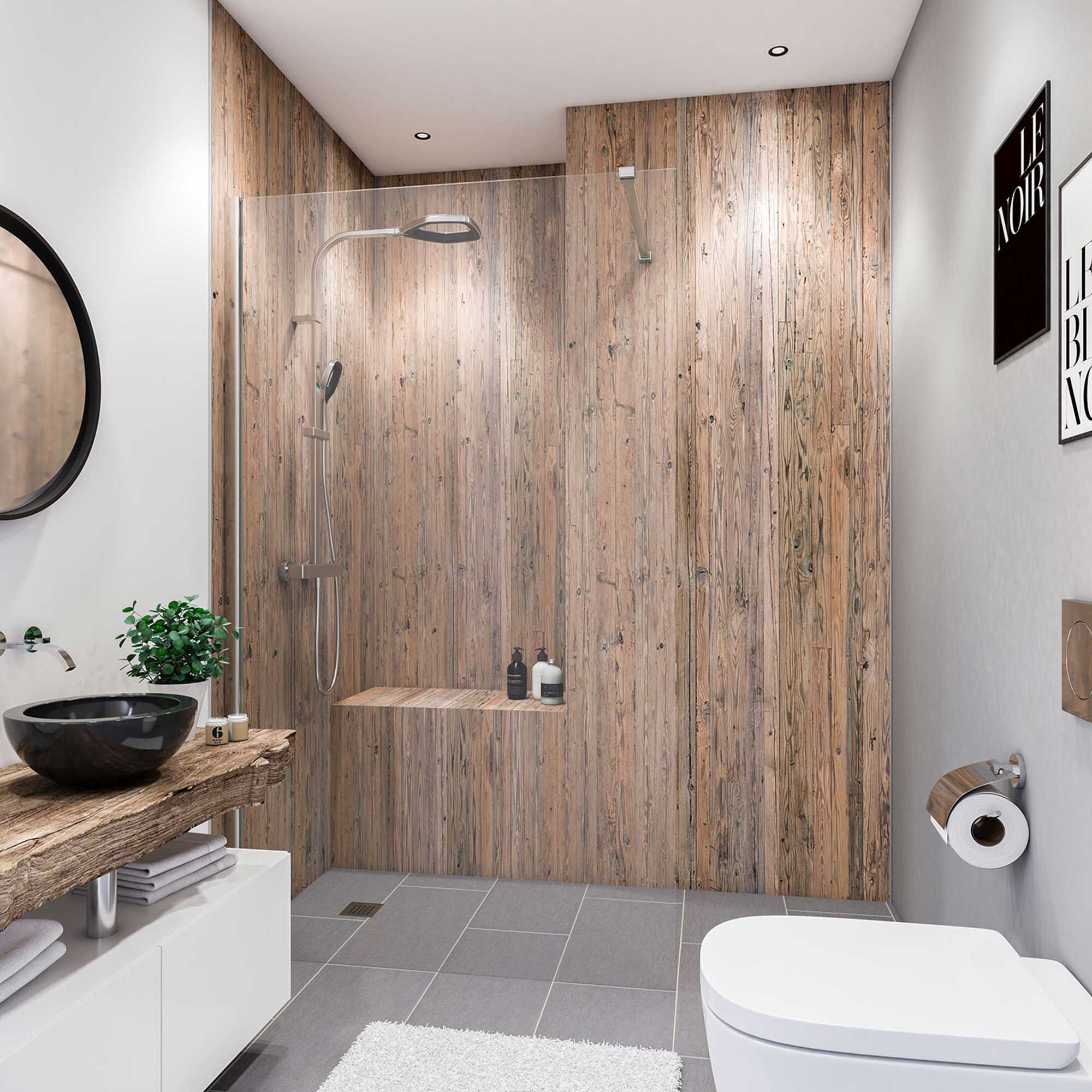 Modernes Badezimmer mit Holzwand und Duschkabine.